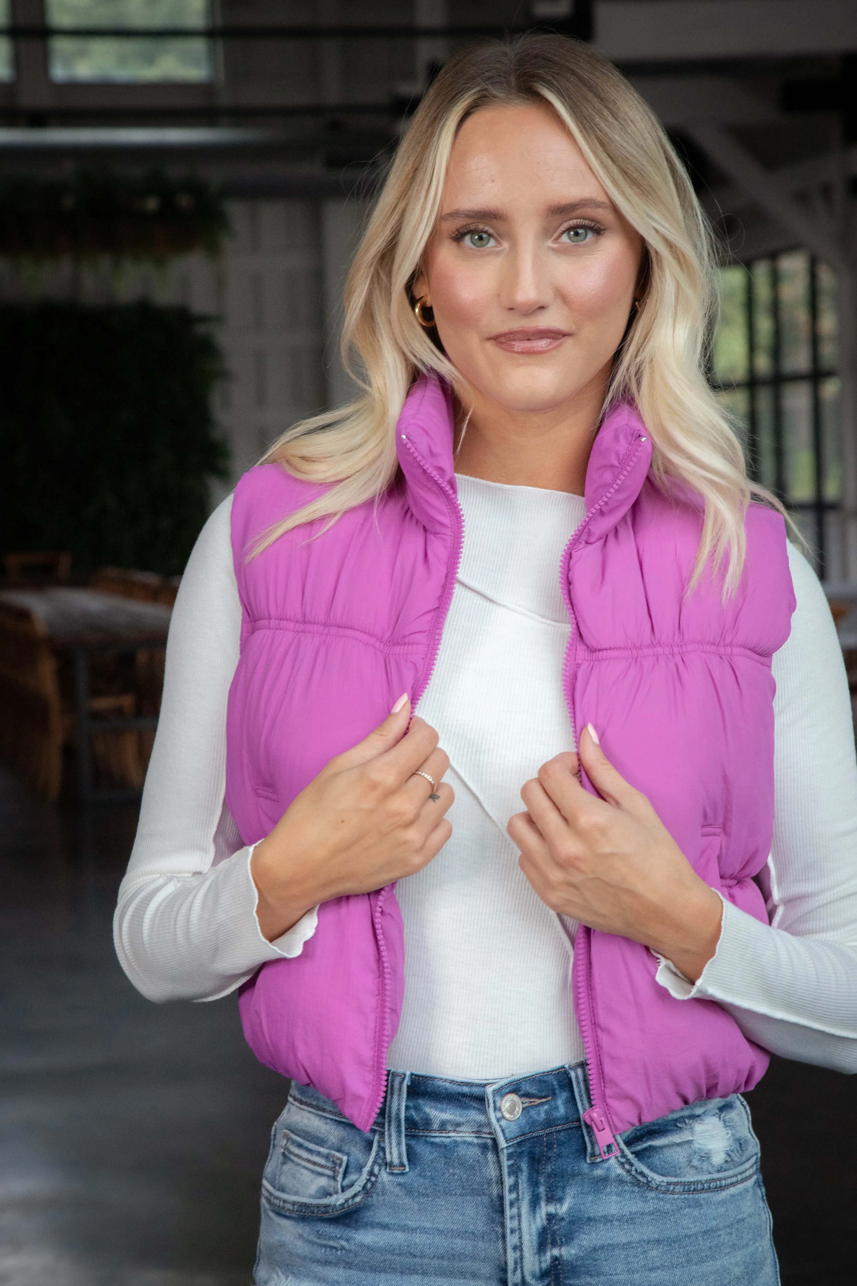 Beth Quilted Puffer Vest, Orchid