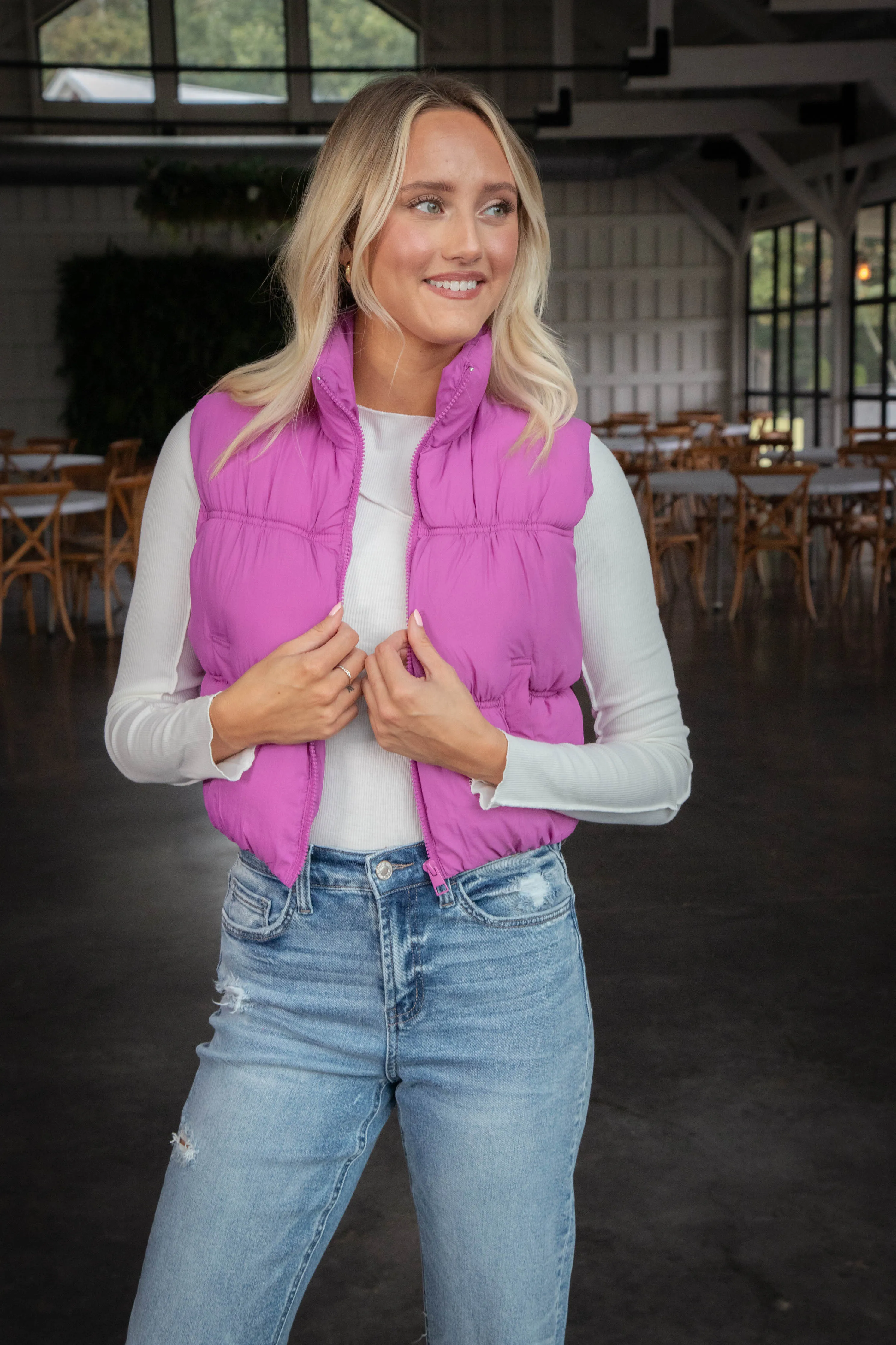 Beth Quilted Puffer Vest, Orchid