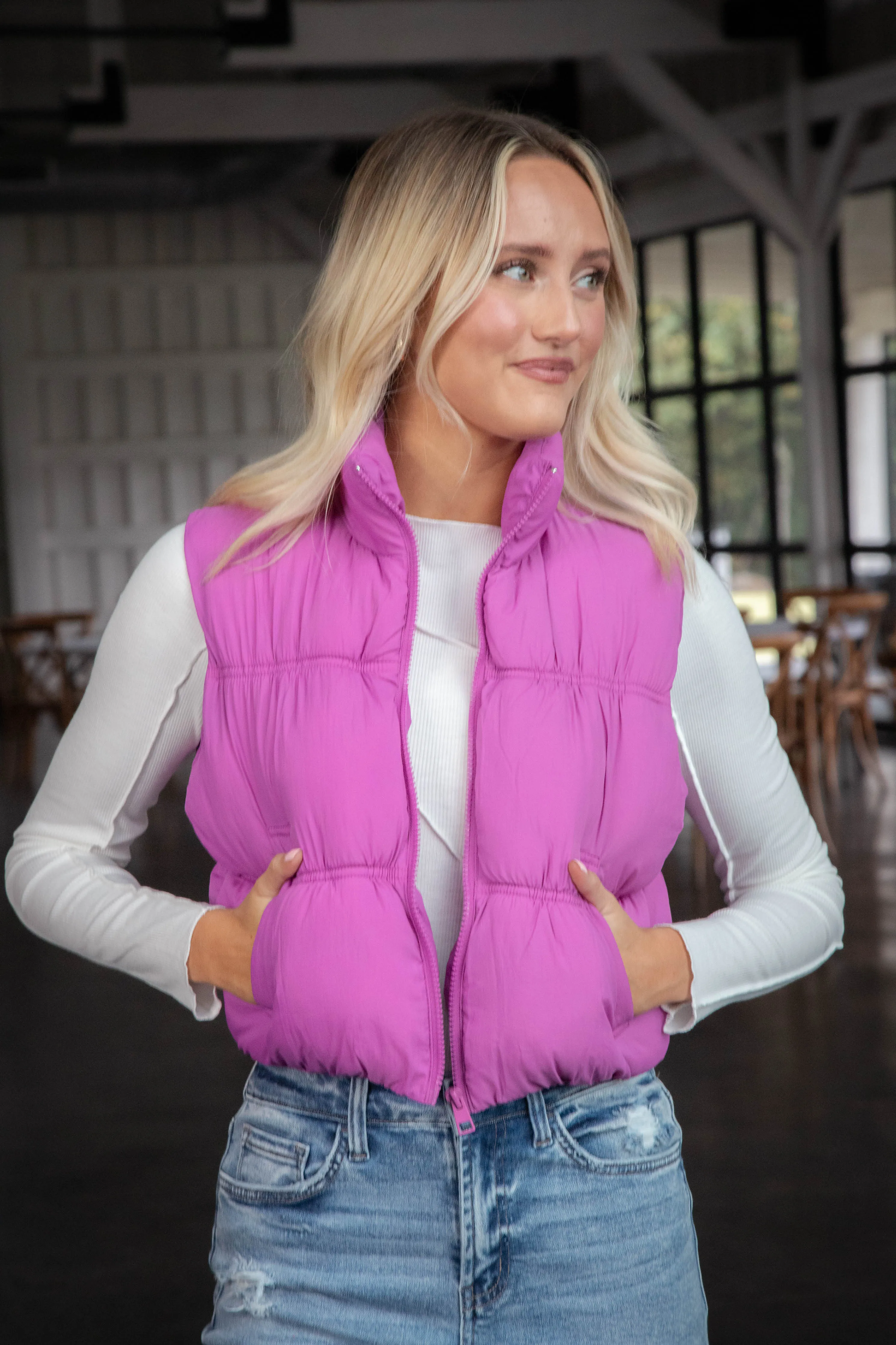 Beth Quilted Puffer Vest, Orchid