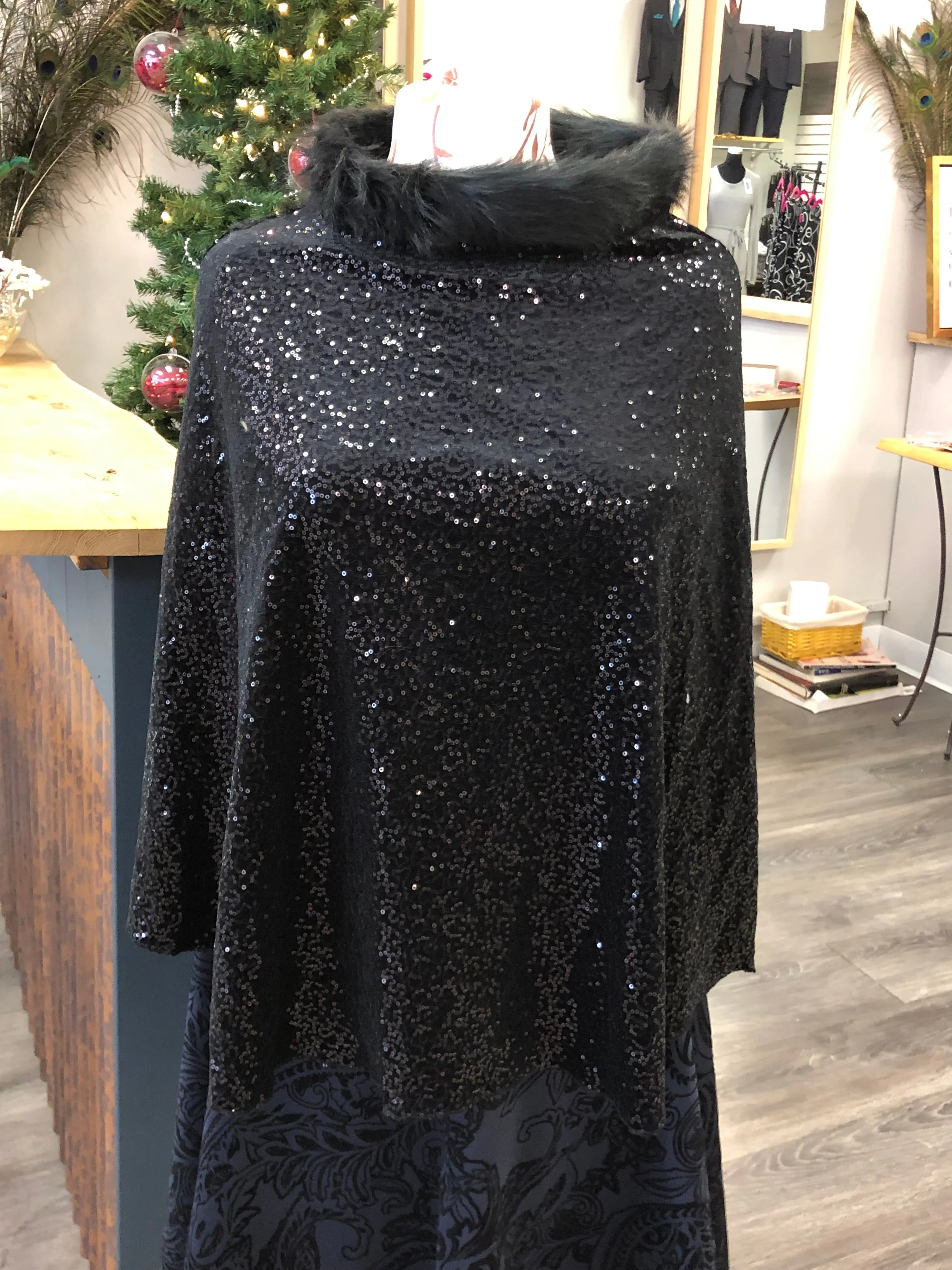 Black Velvet, Sequin, and Fur Capelet