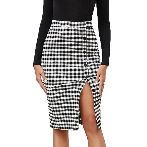 Byinns Women's 2024 High Waist Pencil Skirt Button Slit Work Skirts Plaid Business Bodycon Midi Skirt Knee Length