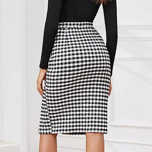 Byinns Women's 2024 High Waist Pencil Skirt Button Slit Work Skirts Plaid Business Bodycon Midi Skirt Knee Length