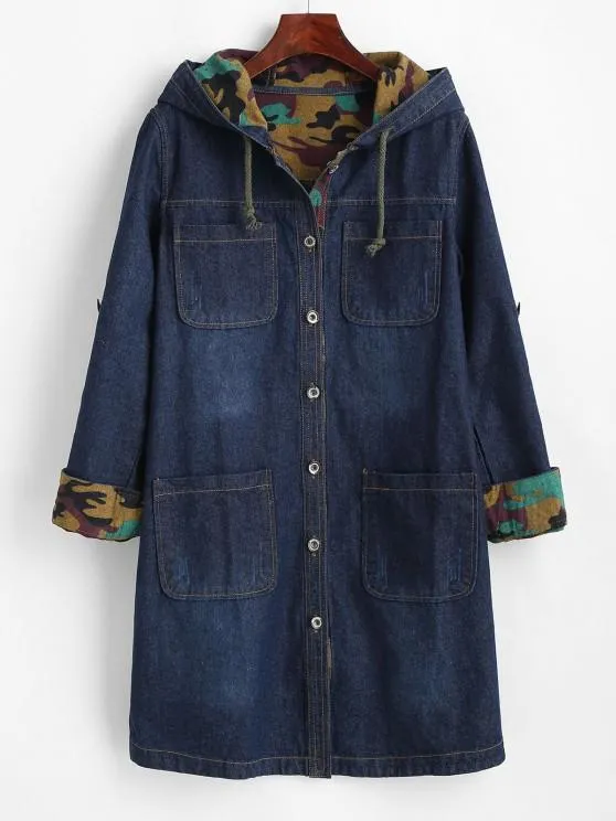 Camouflage Lined Pockets Hooded Denim Coat