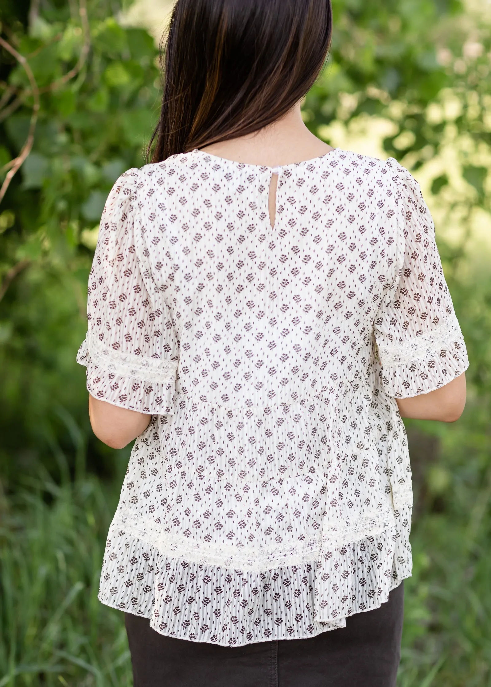 Cream Floral Print Lace Detail Top - FINAL SALE