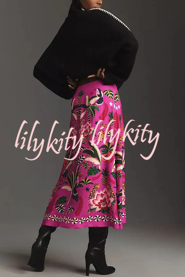 Creative Tropical Rainforest Unique Print High Rise Midi Skirt