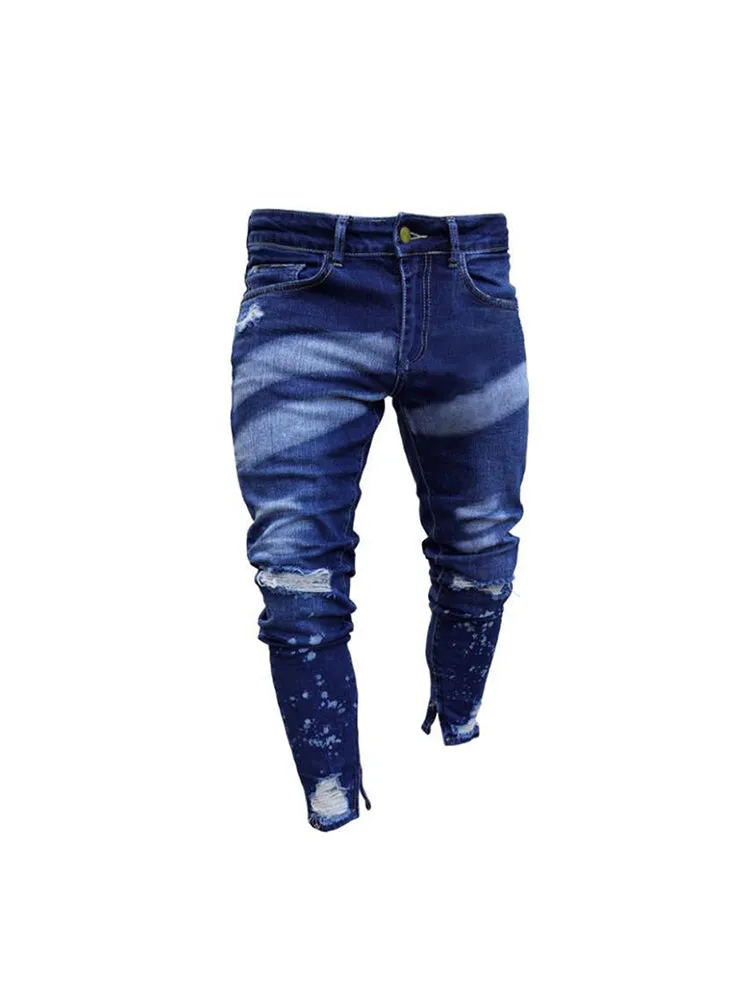 Denim Men'S Calf Pant Skinny Paint Zipper Slim Jeans