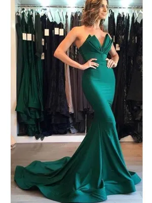 Emerald Green Soft satin Long Mermaid Prom Dresses