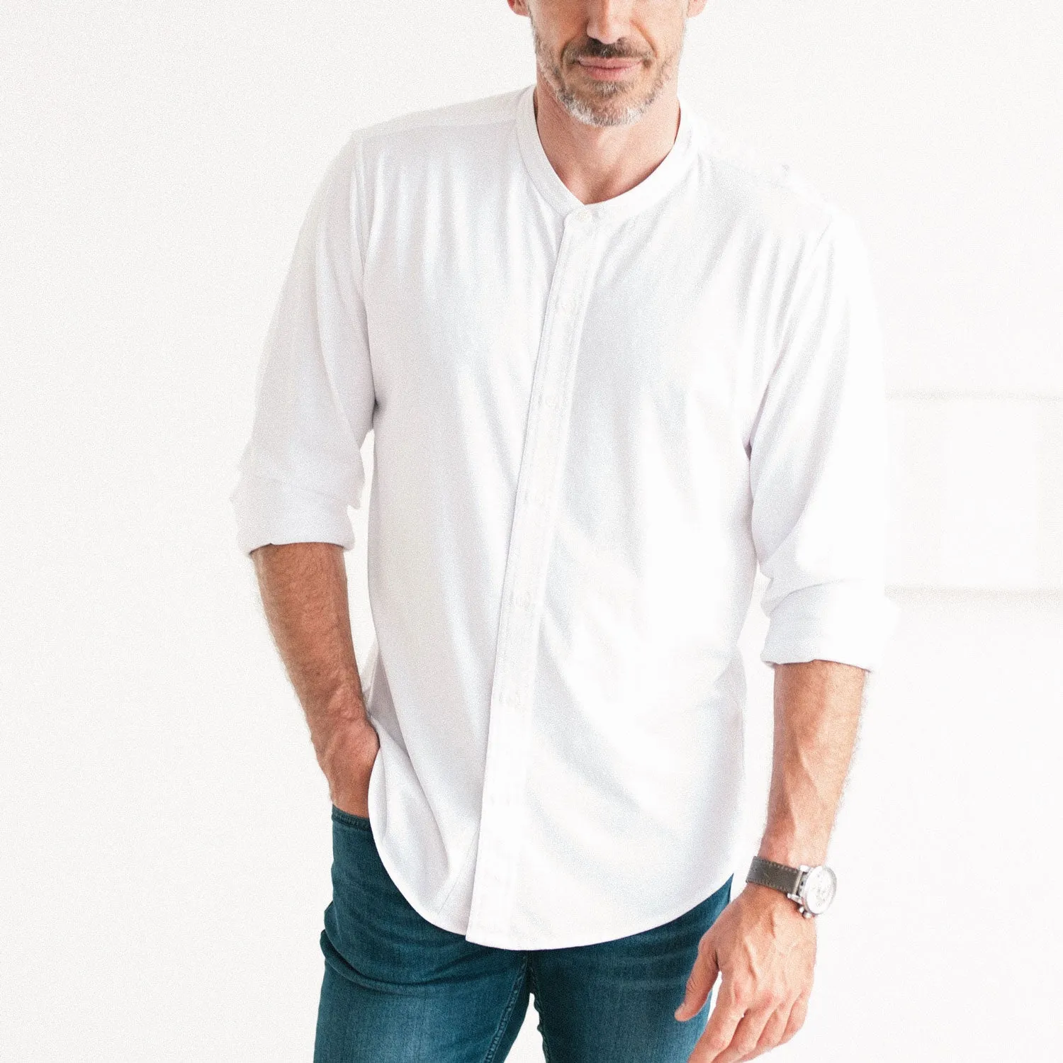 Essential Band Collar T-Shirt Shirt - Pure White Cotton Jersey