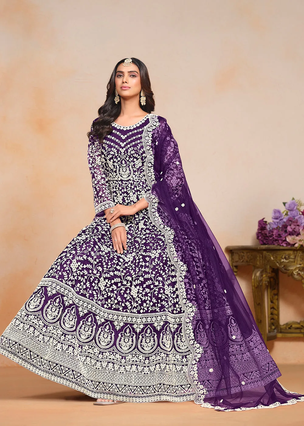 Festive Purple Embroidered Net Designer Anarkali Dress