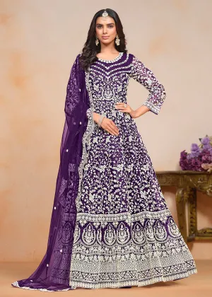 Festive Purple Embroidered Net Designer Anarkali Dress