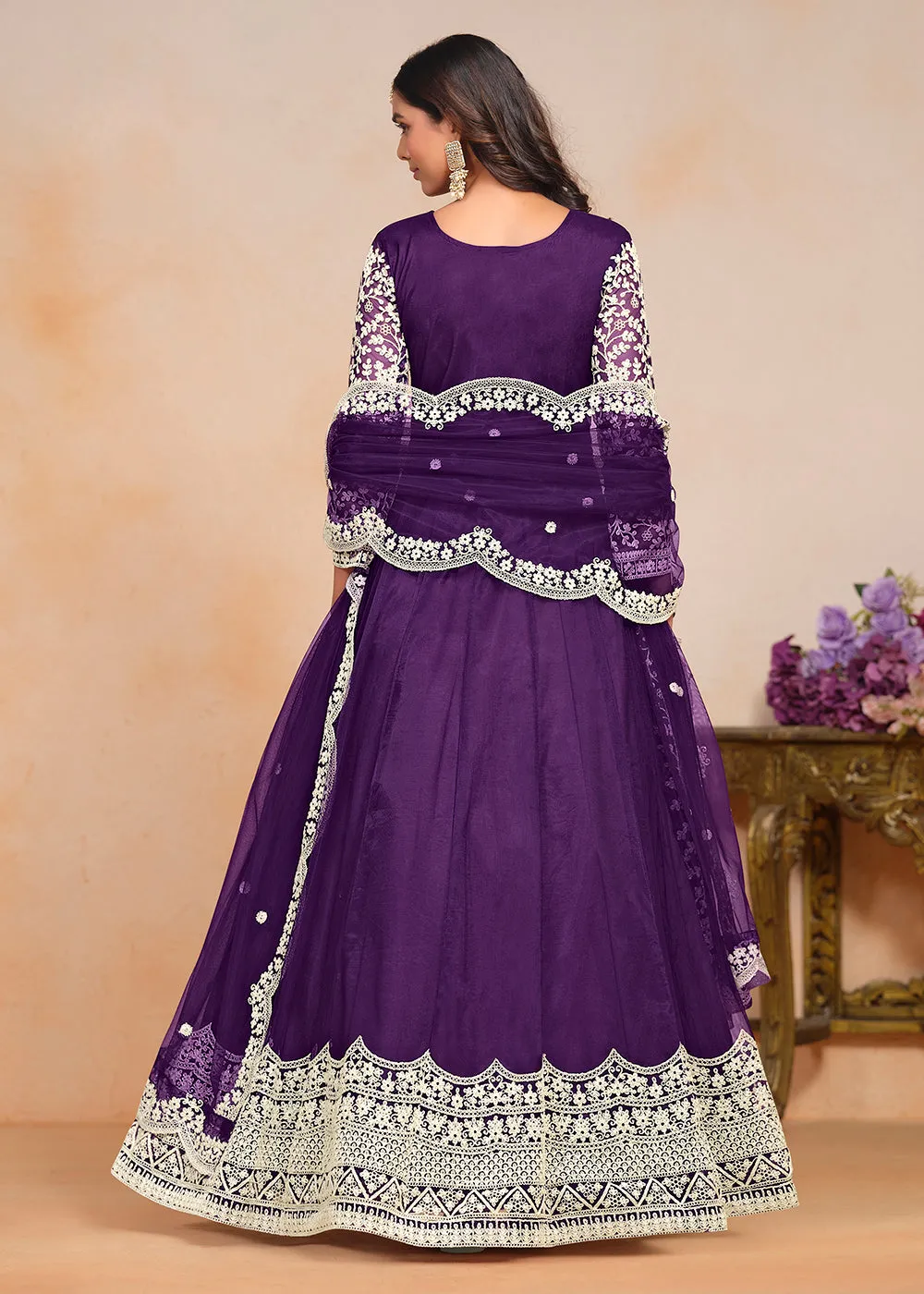 Festive Purple Embroidered Net Designer Anarkali Dress