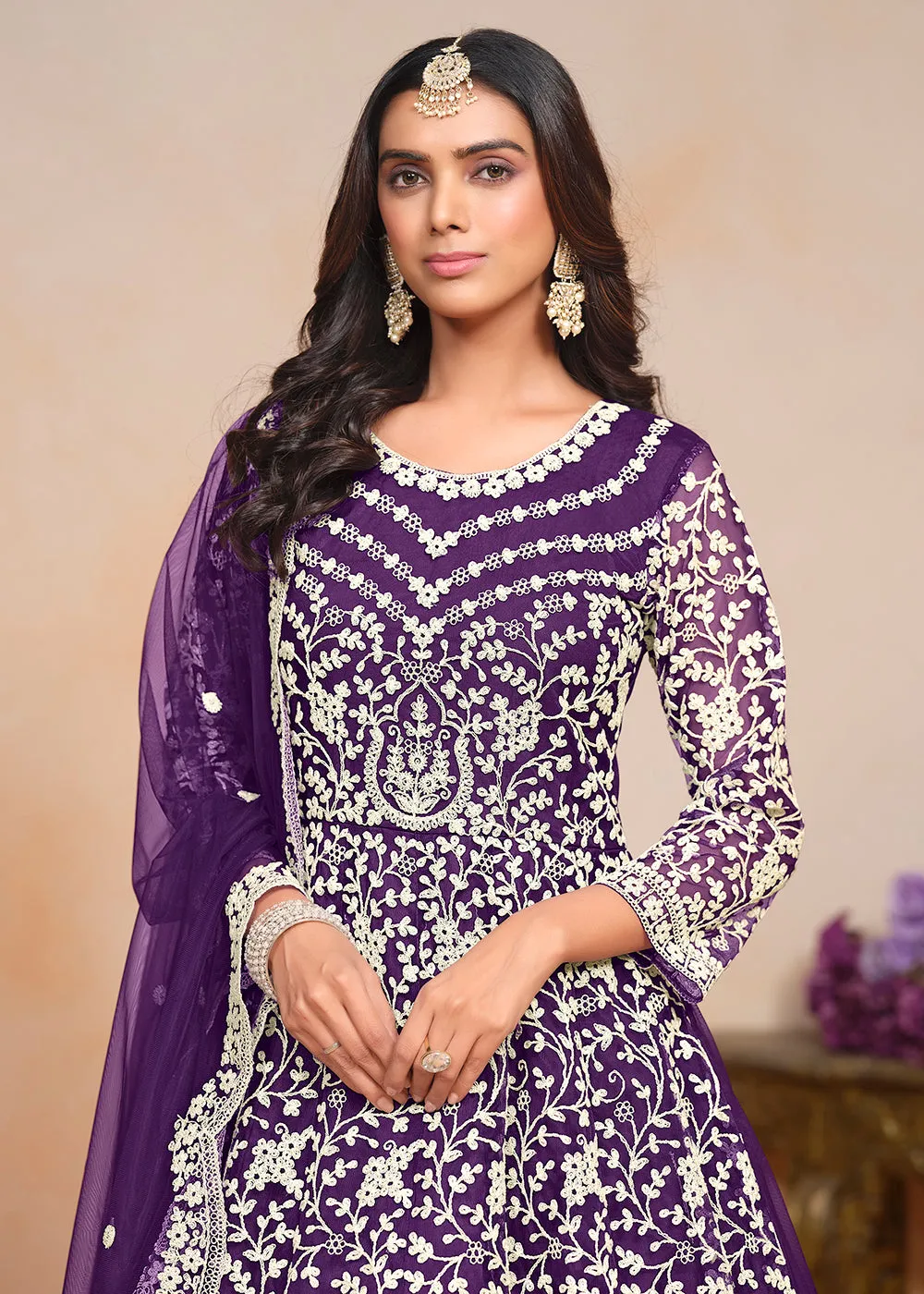 Festive Purple Embroidered Net Designer Anarkali Dress