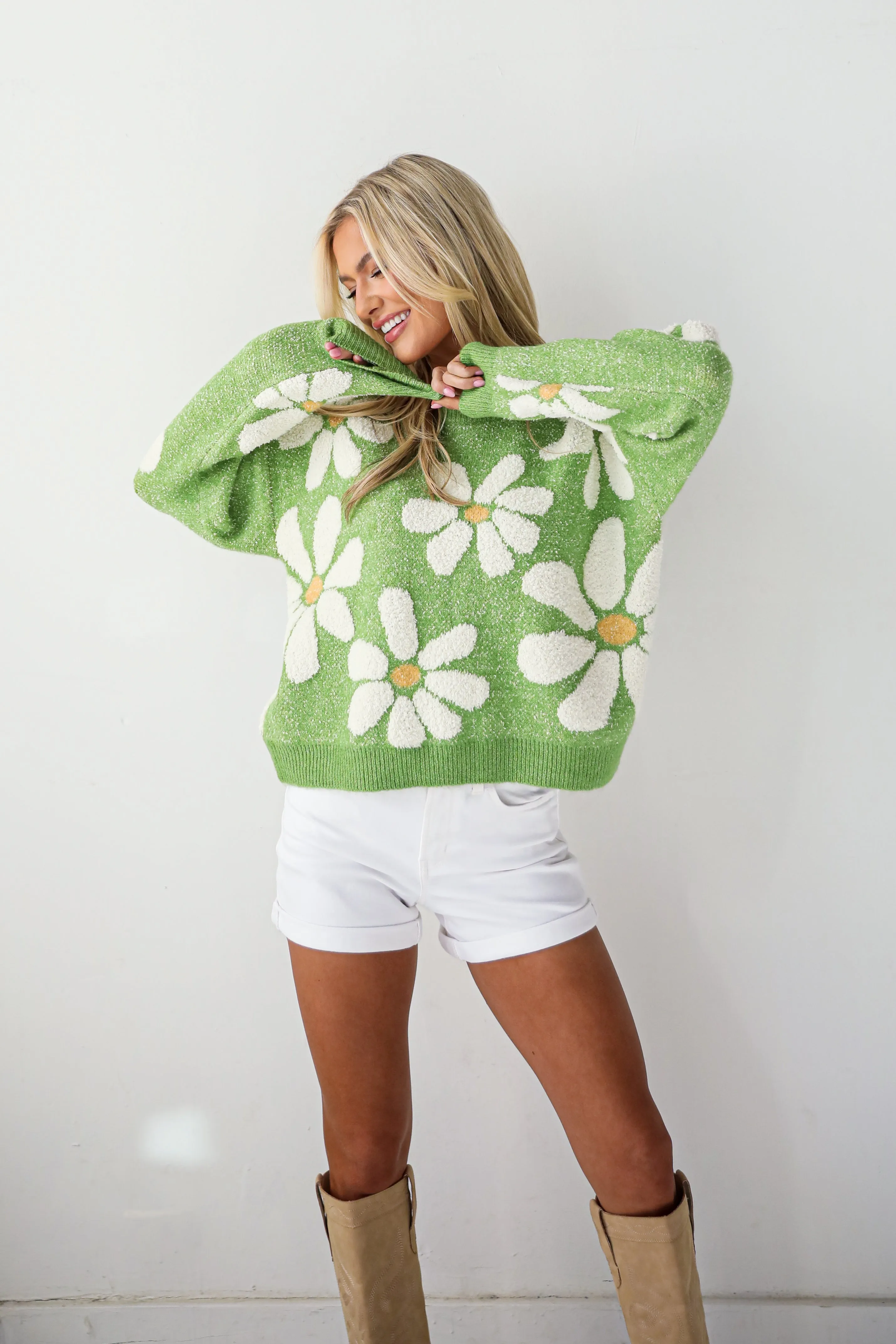 FINAL SALE - Brilliant Arrival Green Daisy Sweater