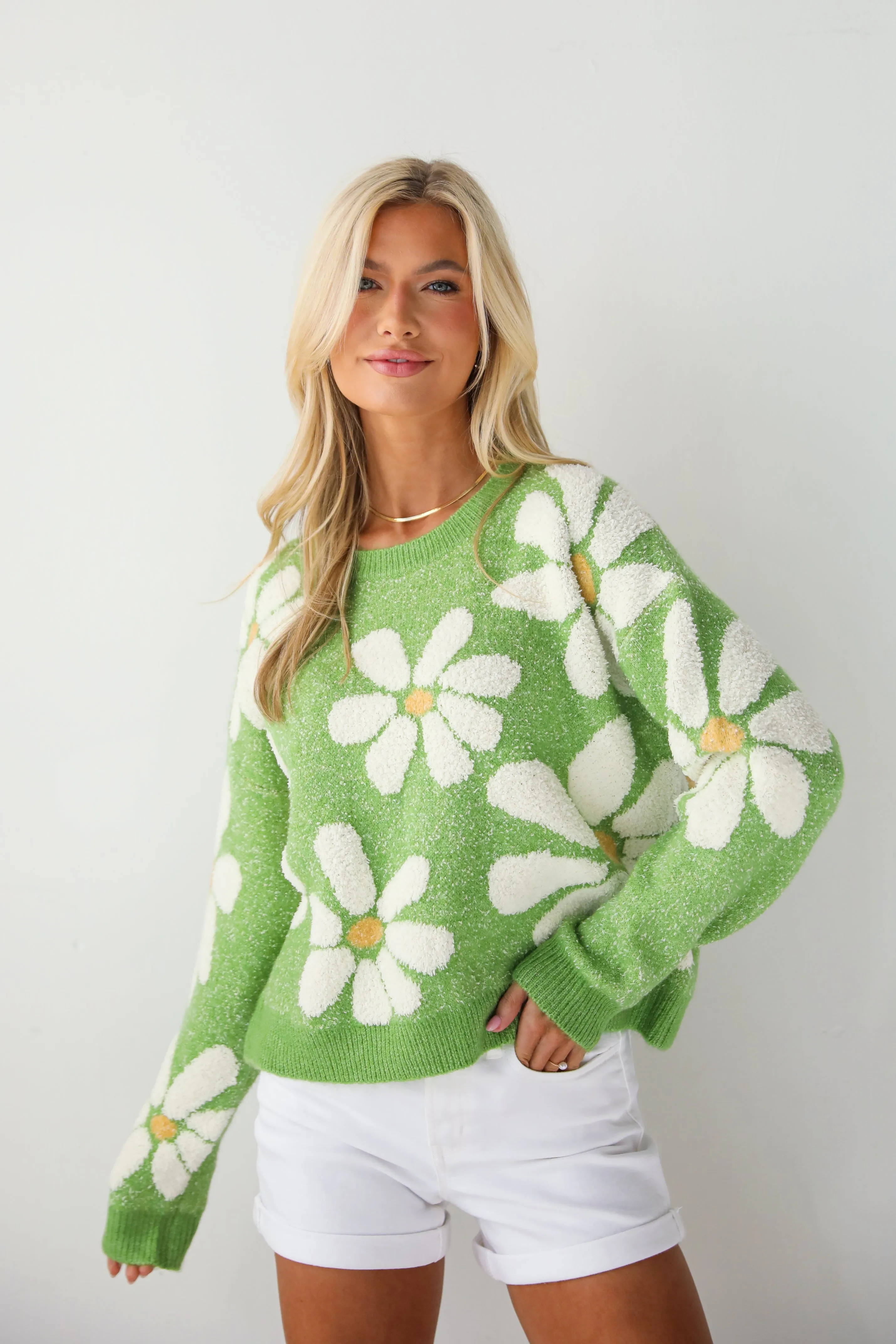 FINAL SALE - Brilliant Arrival Green Daisy Sweater