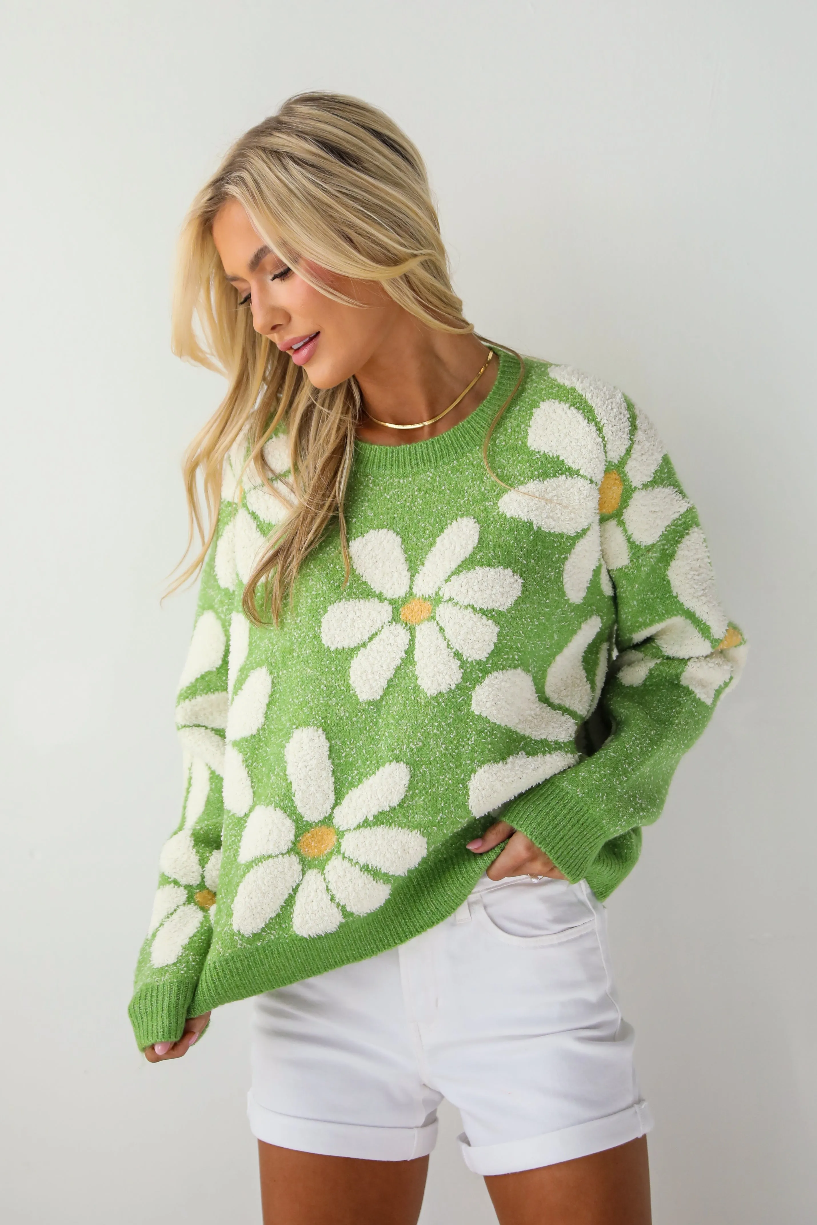 FINAL SALE - Brilliant Arrival Green Daisy Sweater