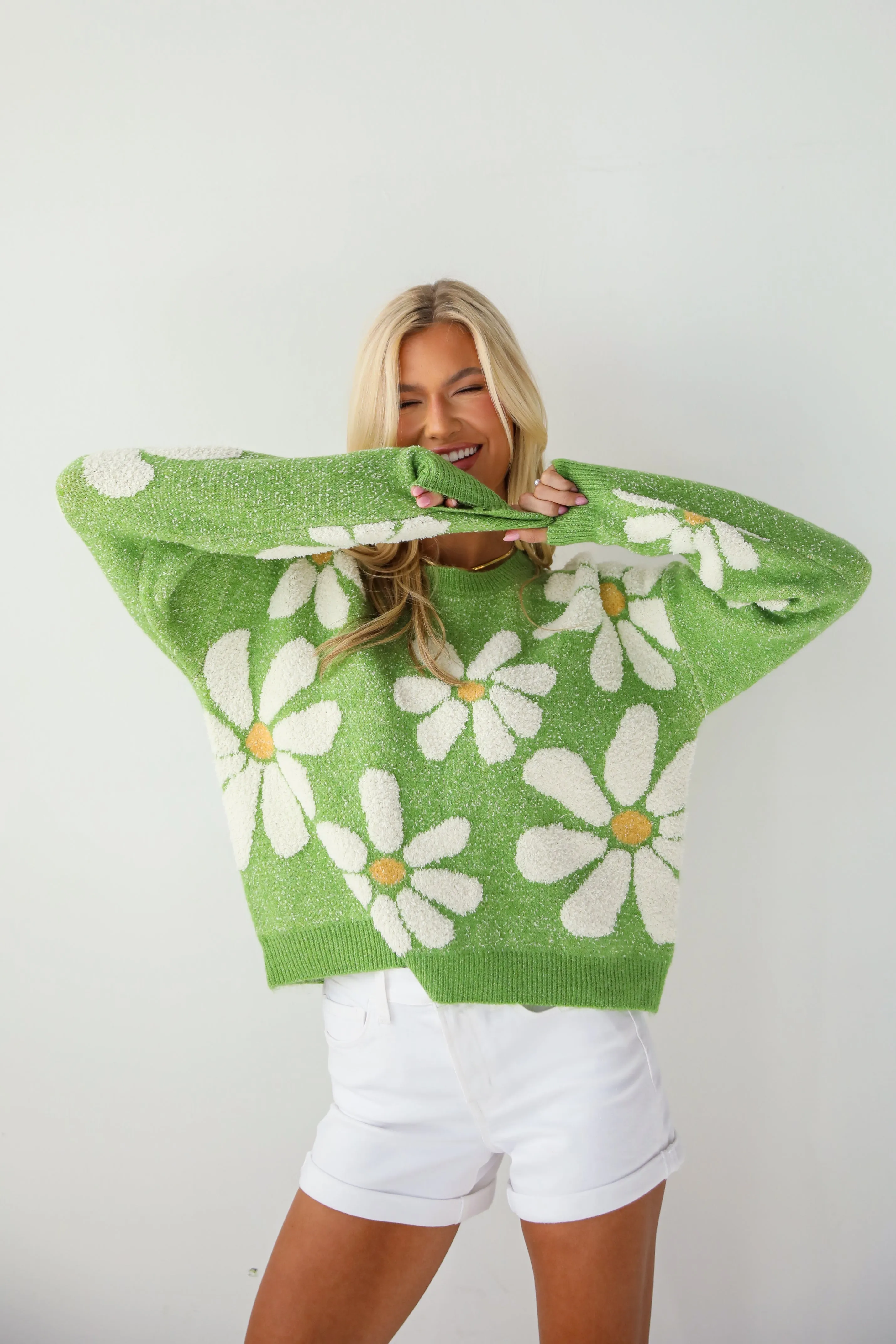 FINAL SALE - Brilliant Arrival Green Daisy Sweater