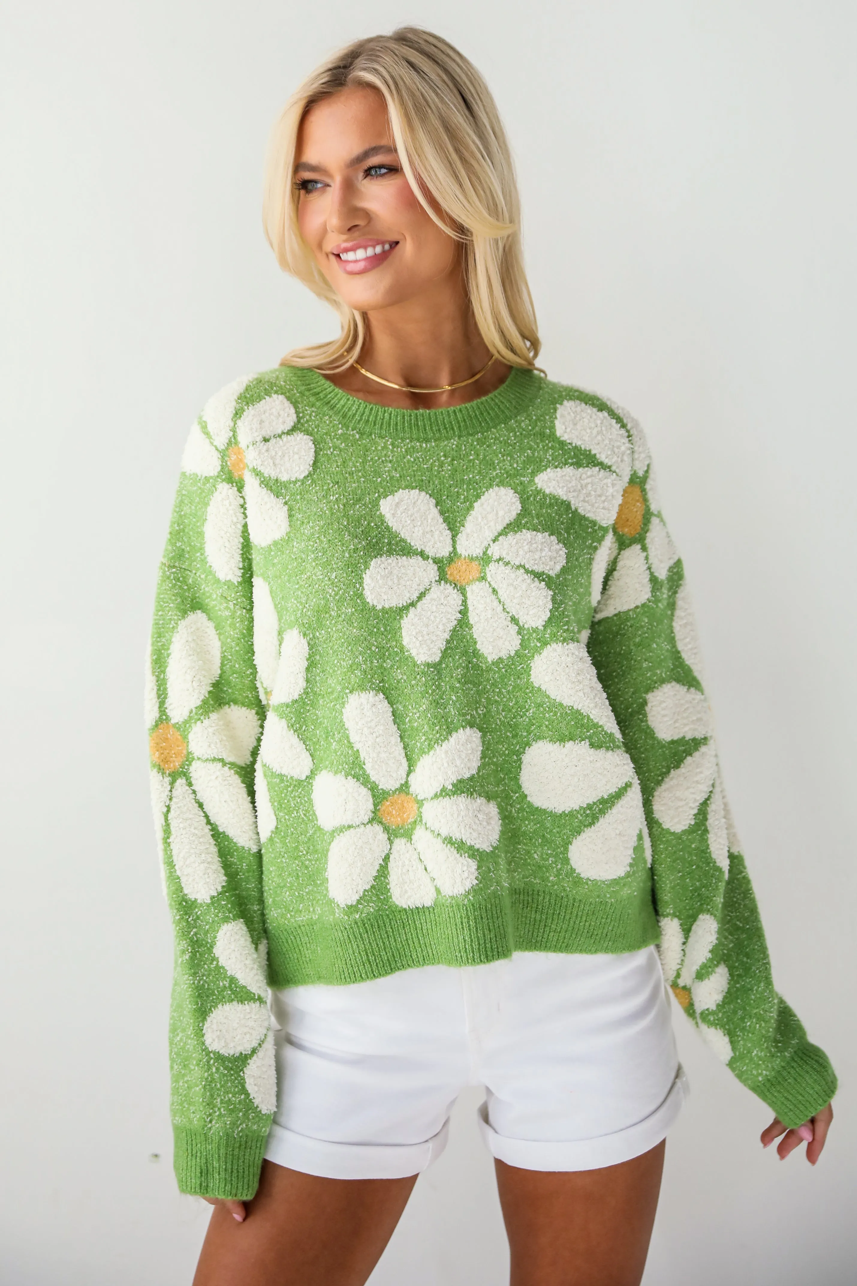 FINAL SALE - Brilliant Arrival Green Daisy Sweater