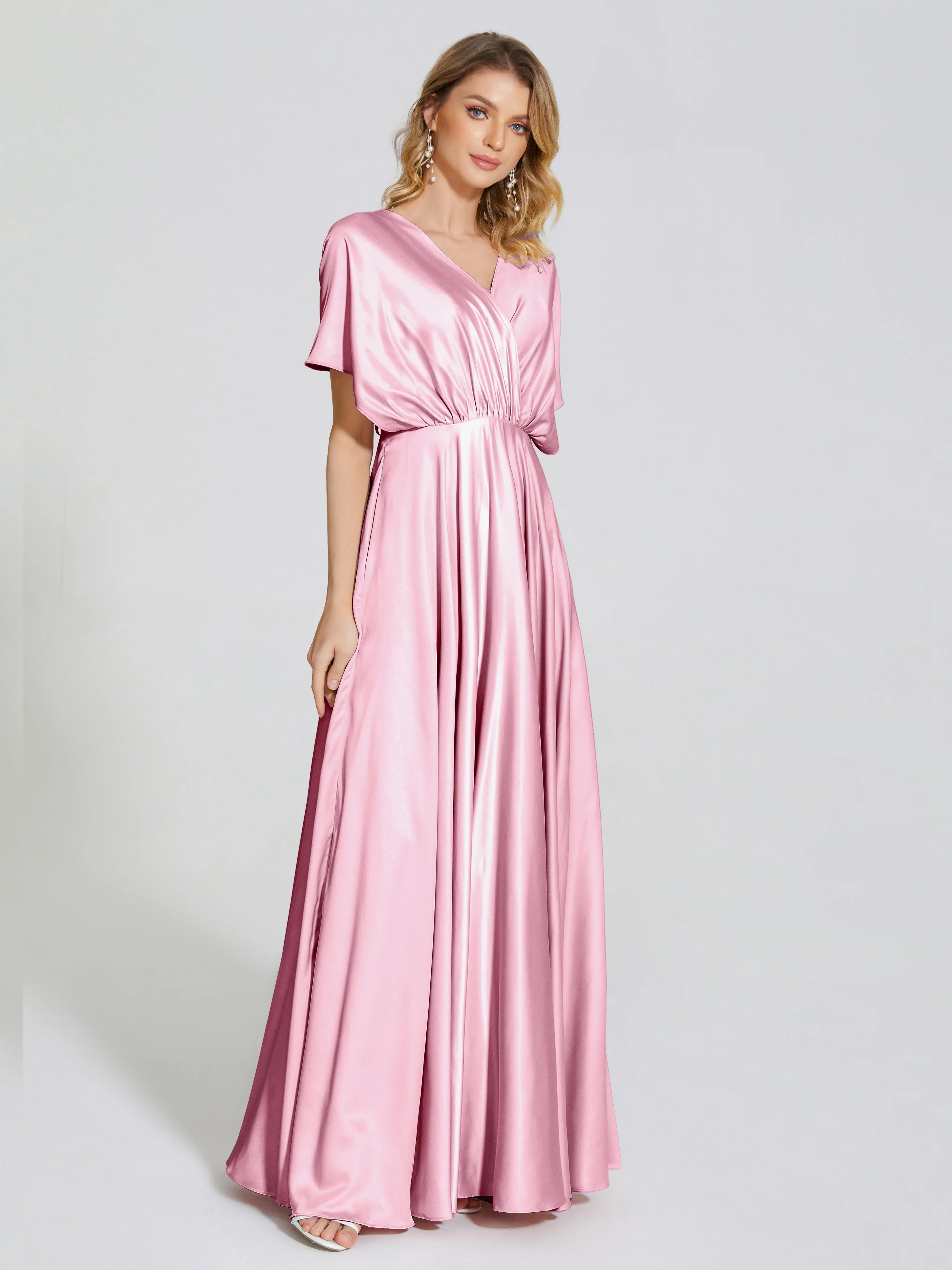 Georgia Modest Short Sleeves Soft Satin Bridesmaid Dresses