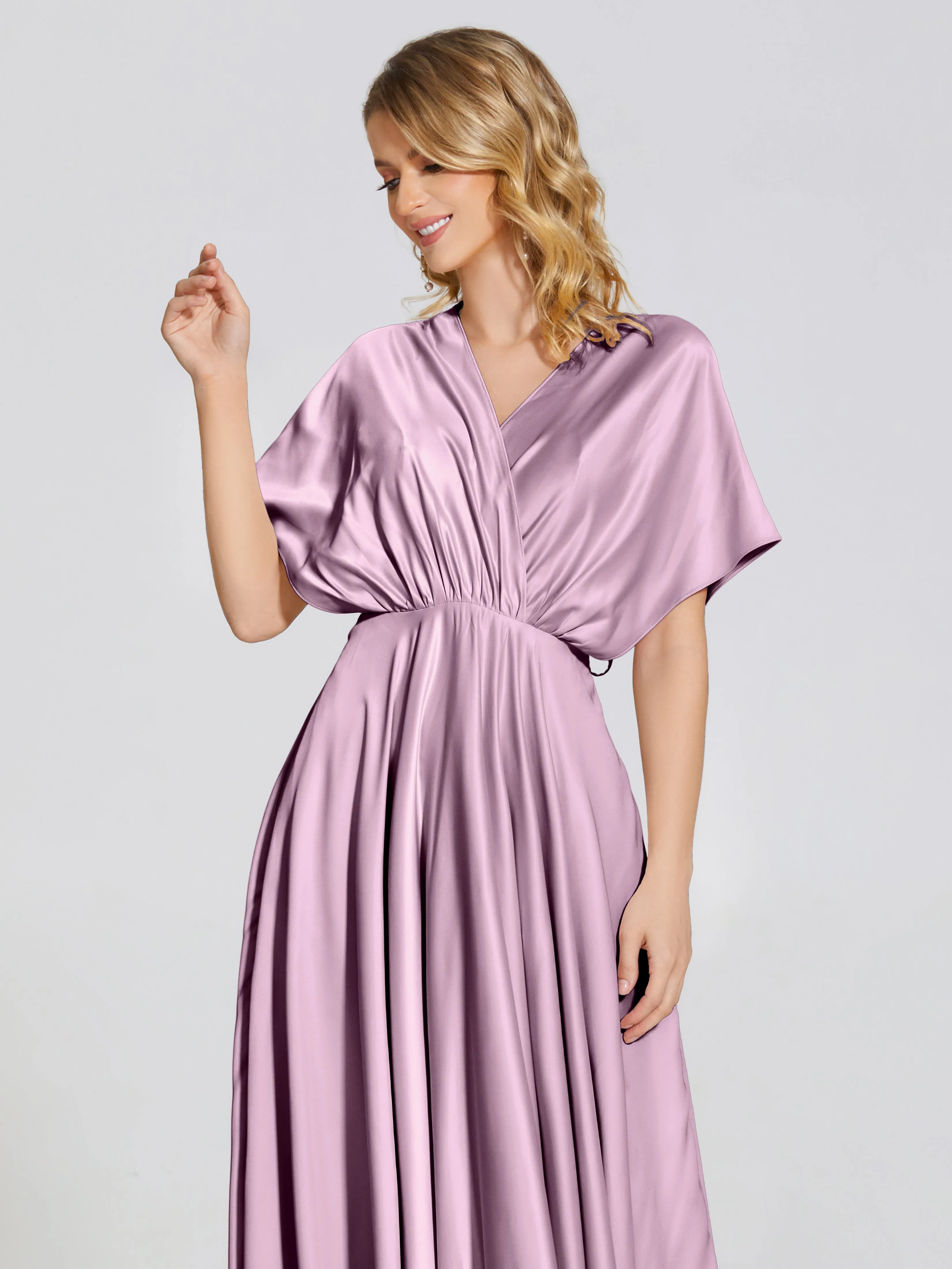 Georgia Modest Short Sleeves Soft Satin Bridesmaid Dresses