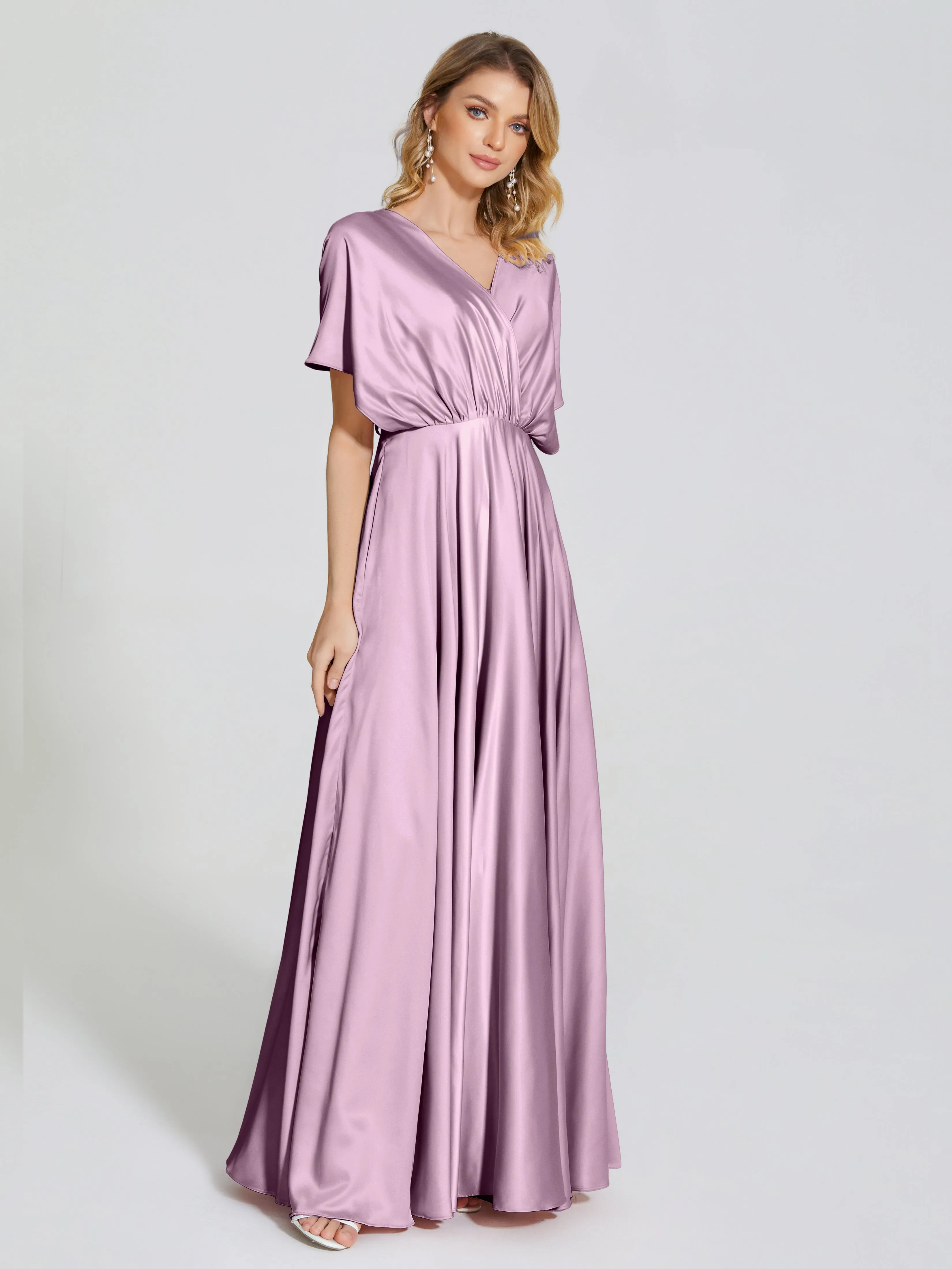 Georgia Modest Short Sleeves Soft Satin Bridesmaid Dresses