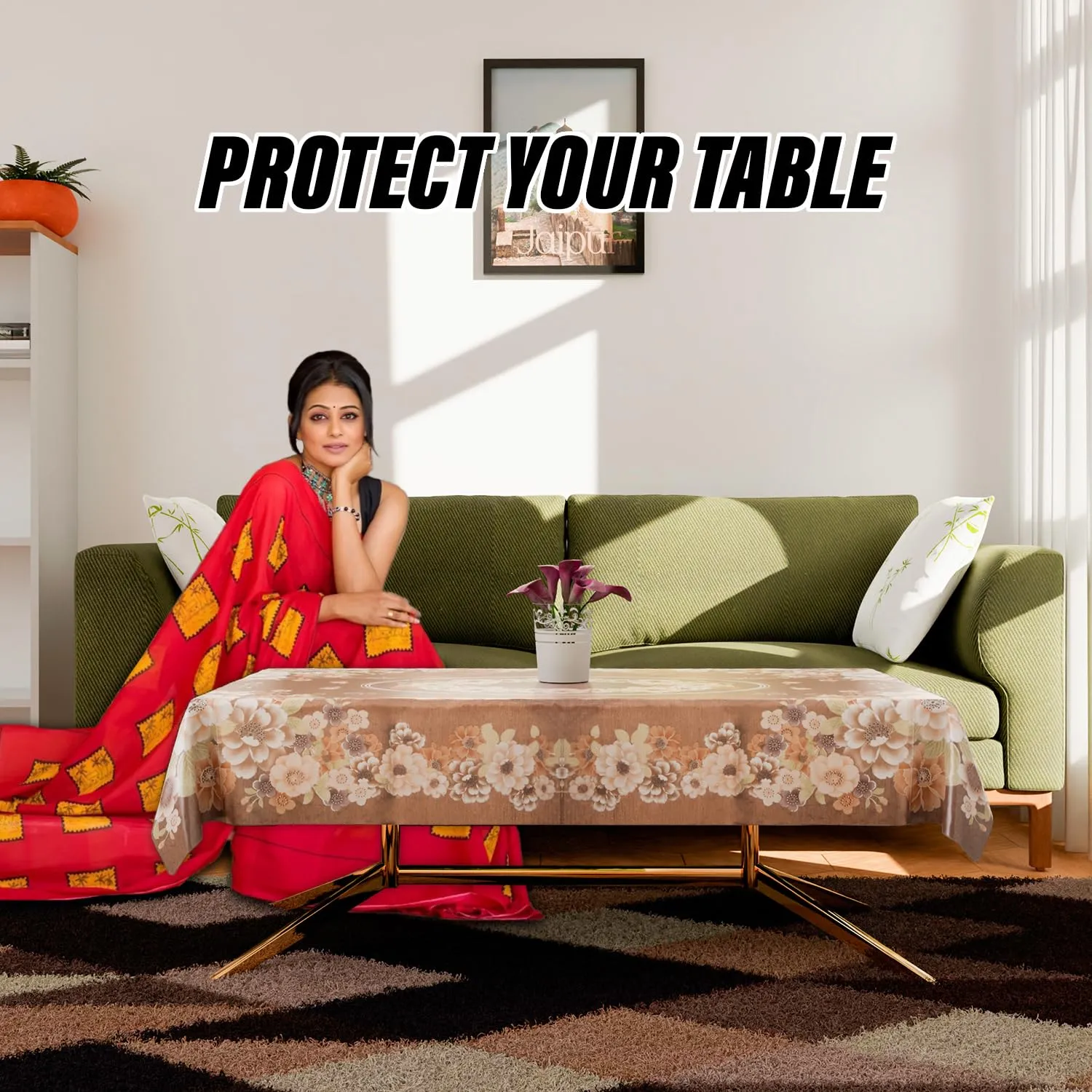 Kuber Industries Center Table Cover | Sigma PVC Flower Center Table Cover | Luxurious Table Protector Cover Without Lace | 40x60 Inch | Golden