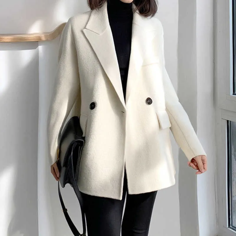 Loose Fit White Woolen Coat Parkas New Long Sleeve