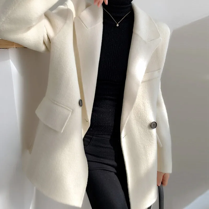 Loose Fit White Woolen Coat Parkas New Long Sleeve