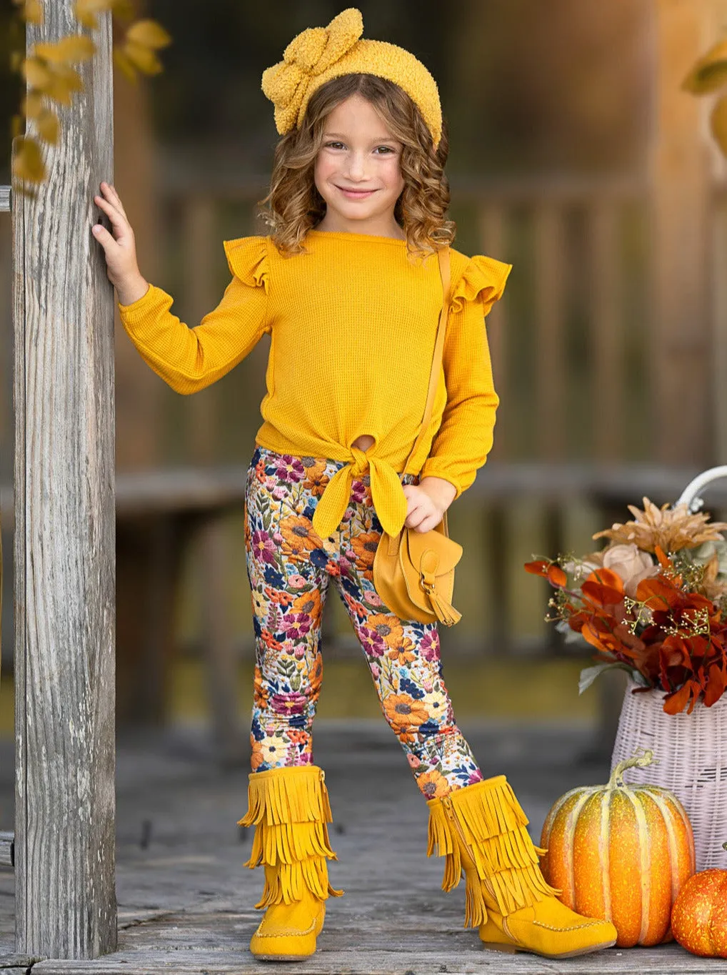 Marigold Ruffle Tie Top And Floral Legging Set