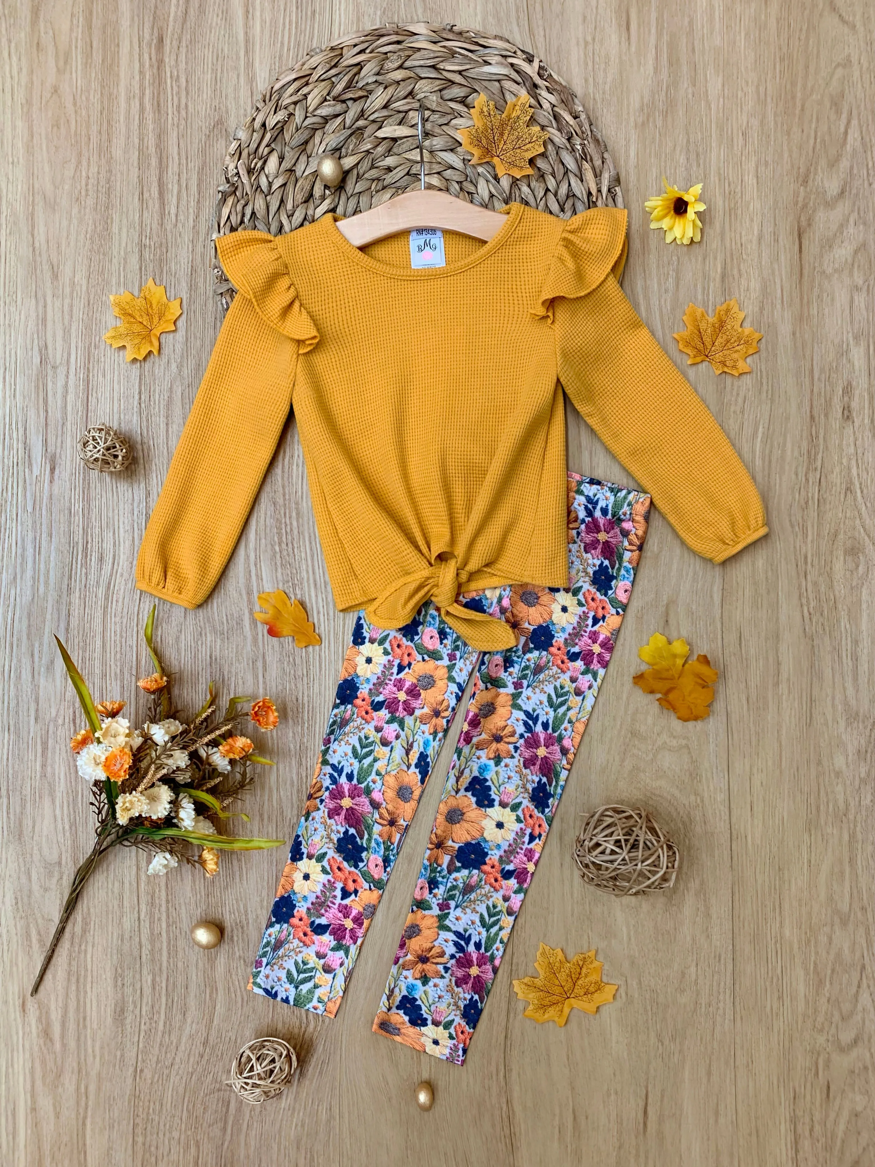 Marigold Ruffle Tie Top And Floral Legging Set