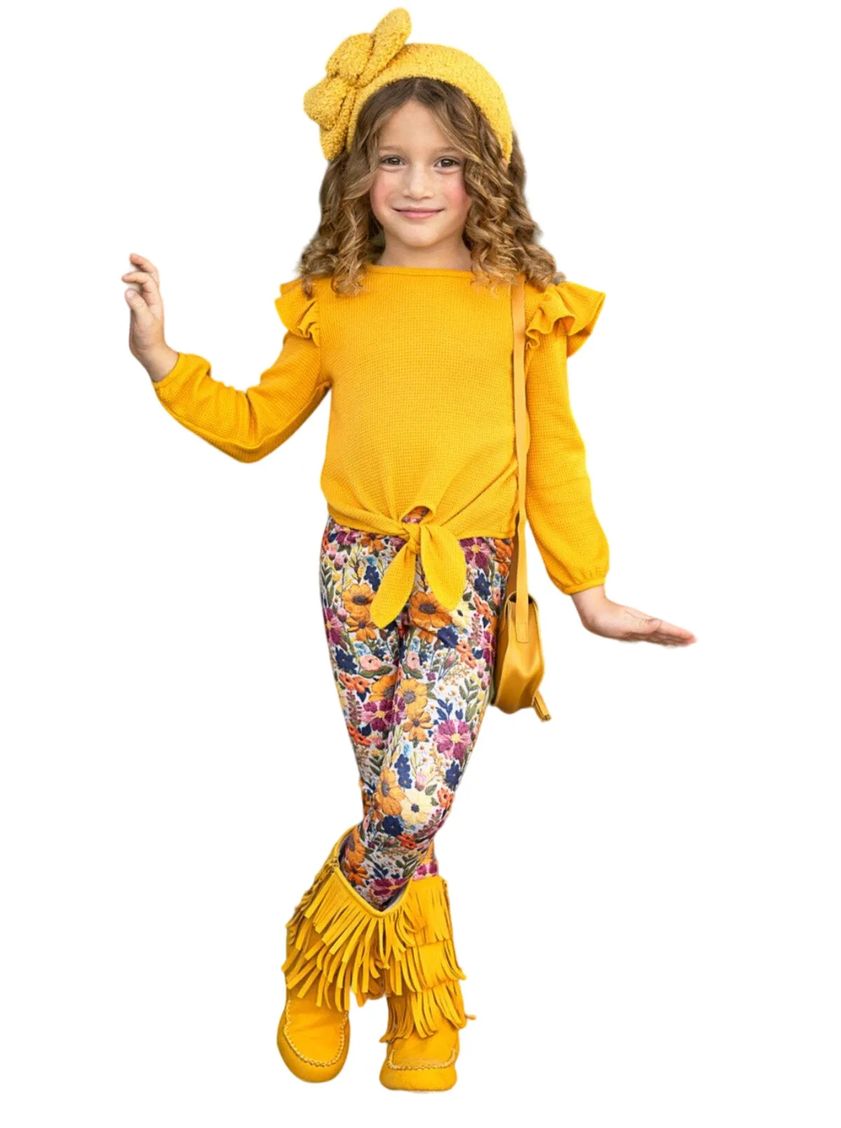 Marigold Ruffle Tie Top And Floral Legging Set