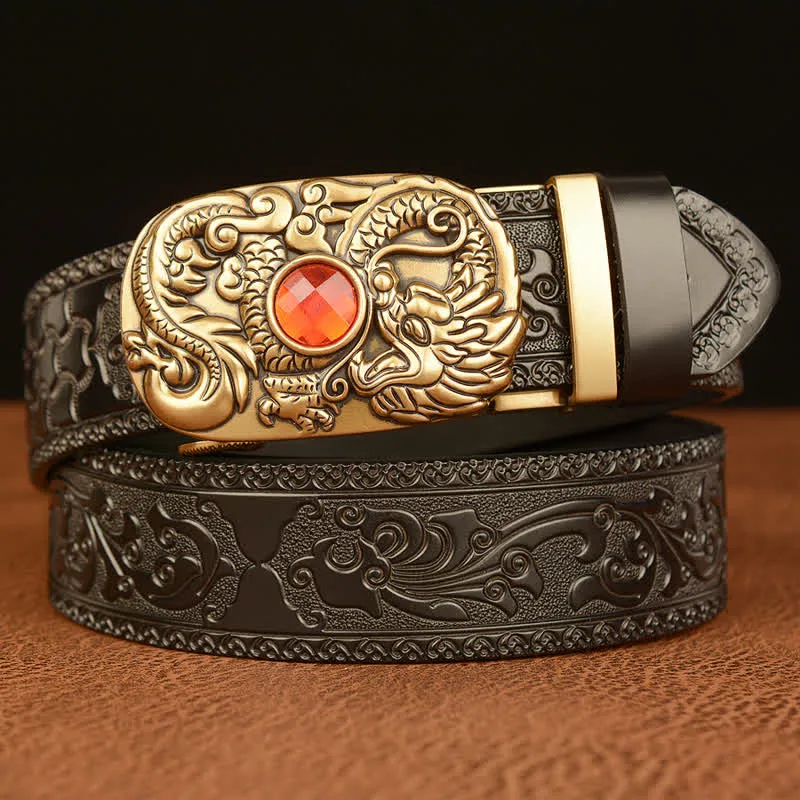 Men's Engraved Dragon Gemstone Leather Belt