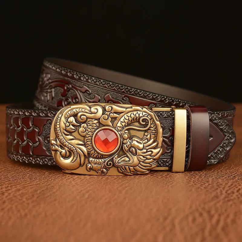 Men's Engraved Dragon Gemstone Leather Belt