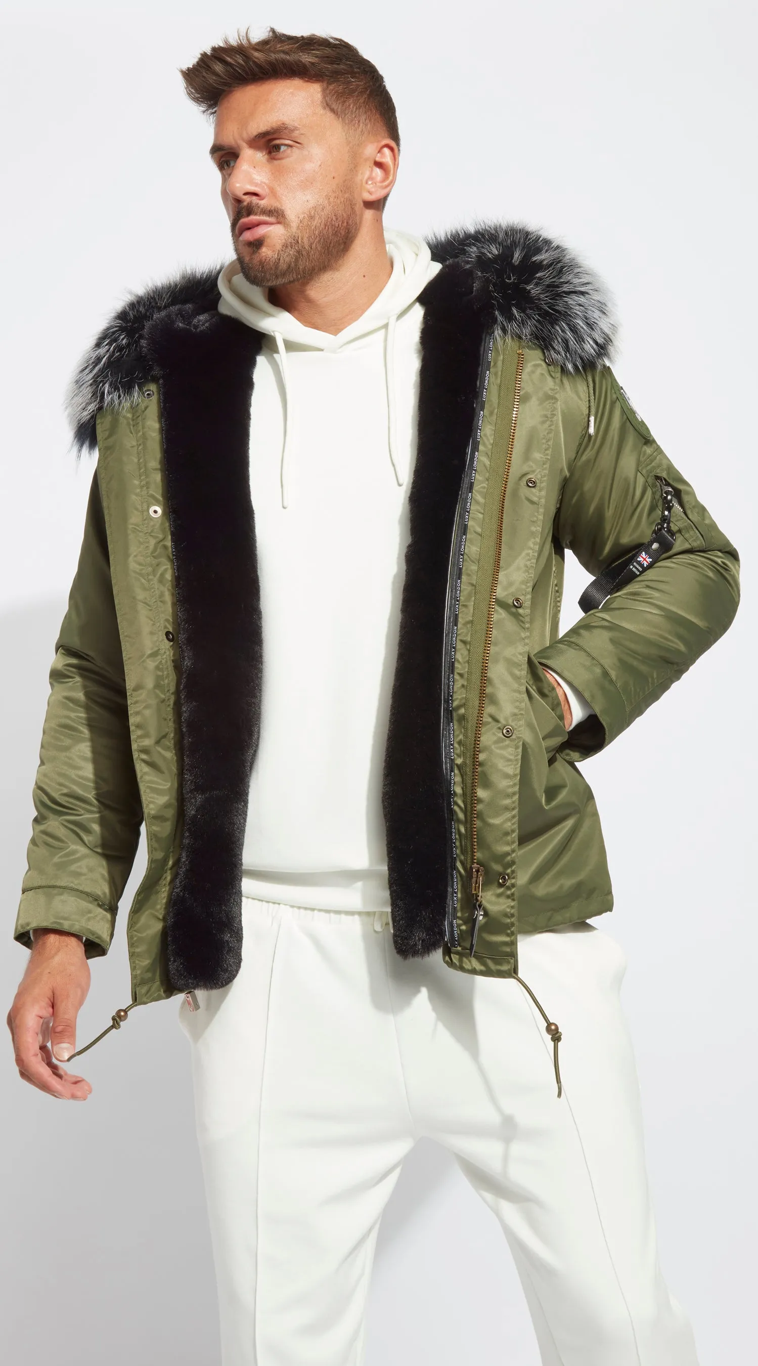 Mens Khaki Water-Repellent Luxy Fur Parka - Black Mist