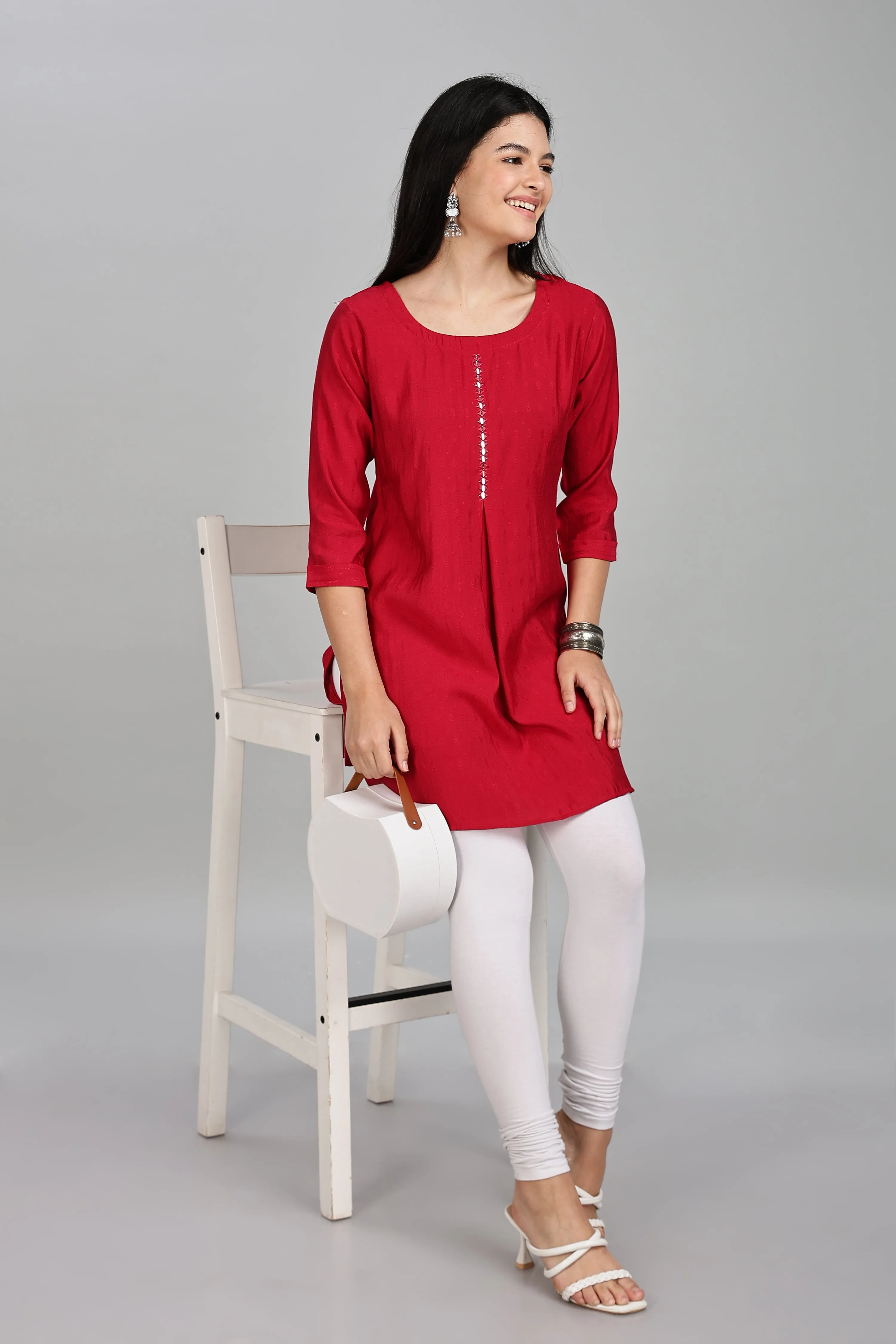 Mythri Round Neck Embroidered Top With 3/4th Sleeve  - Maroon - TO18