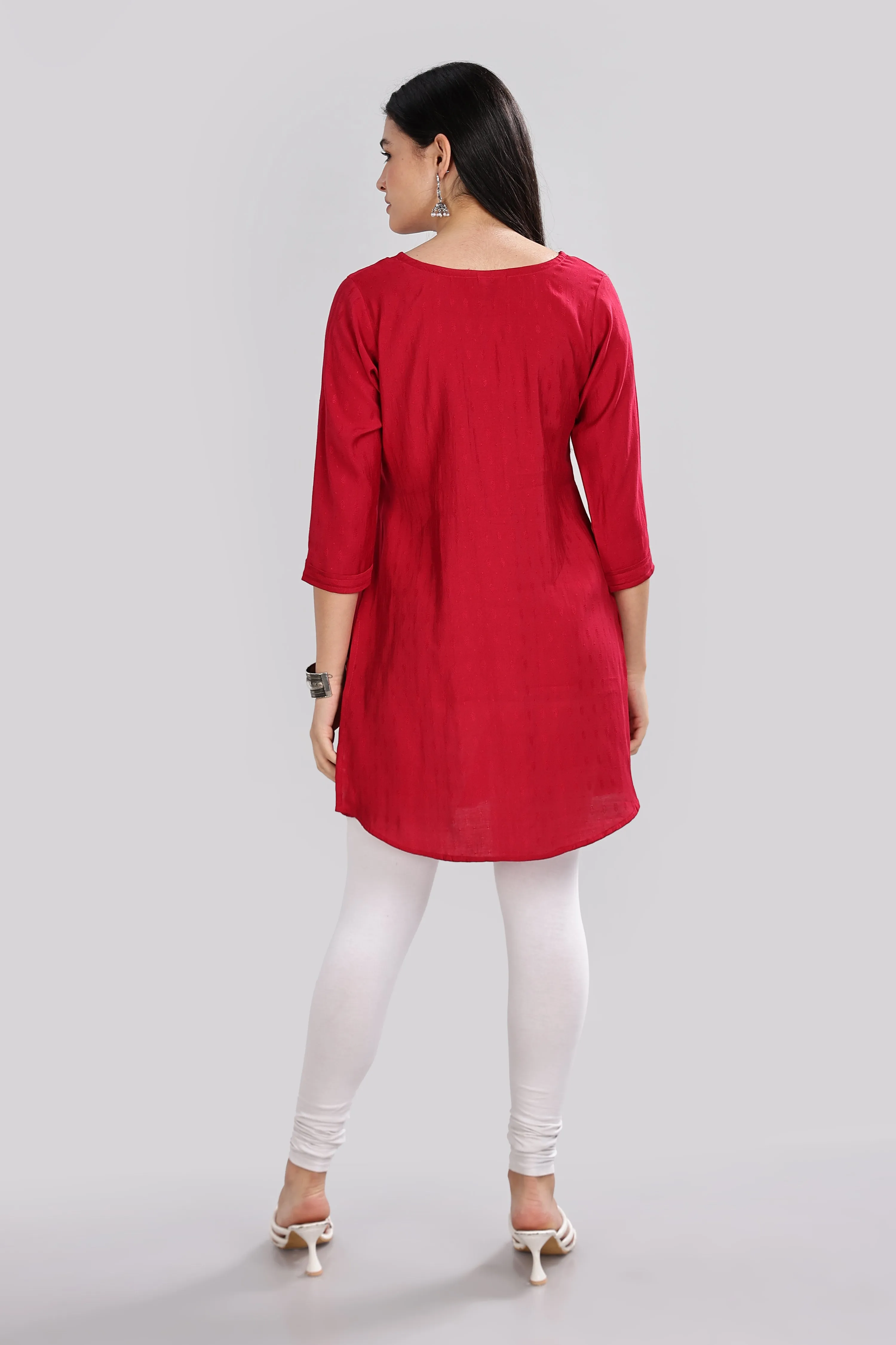 Mythri Round Neck Embroidered Top With 3/4th Sleeve  - Maroon - TO18