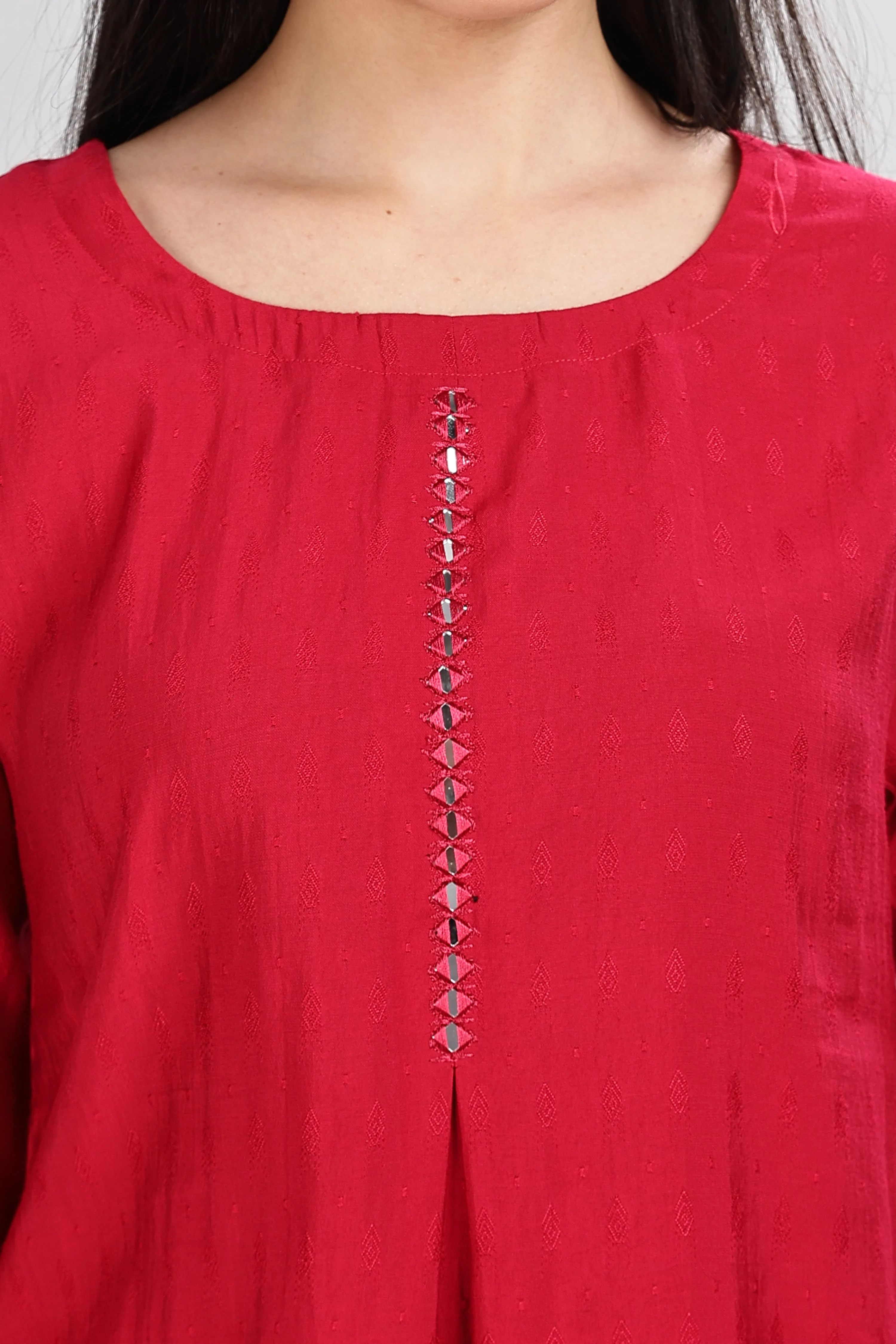 Mythri Round Neck Embroidered Top With 3/4th Sleeve  - Maroon - TO18