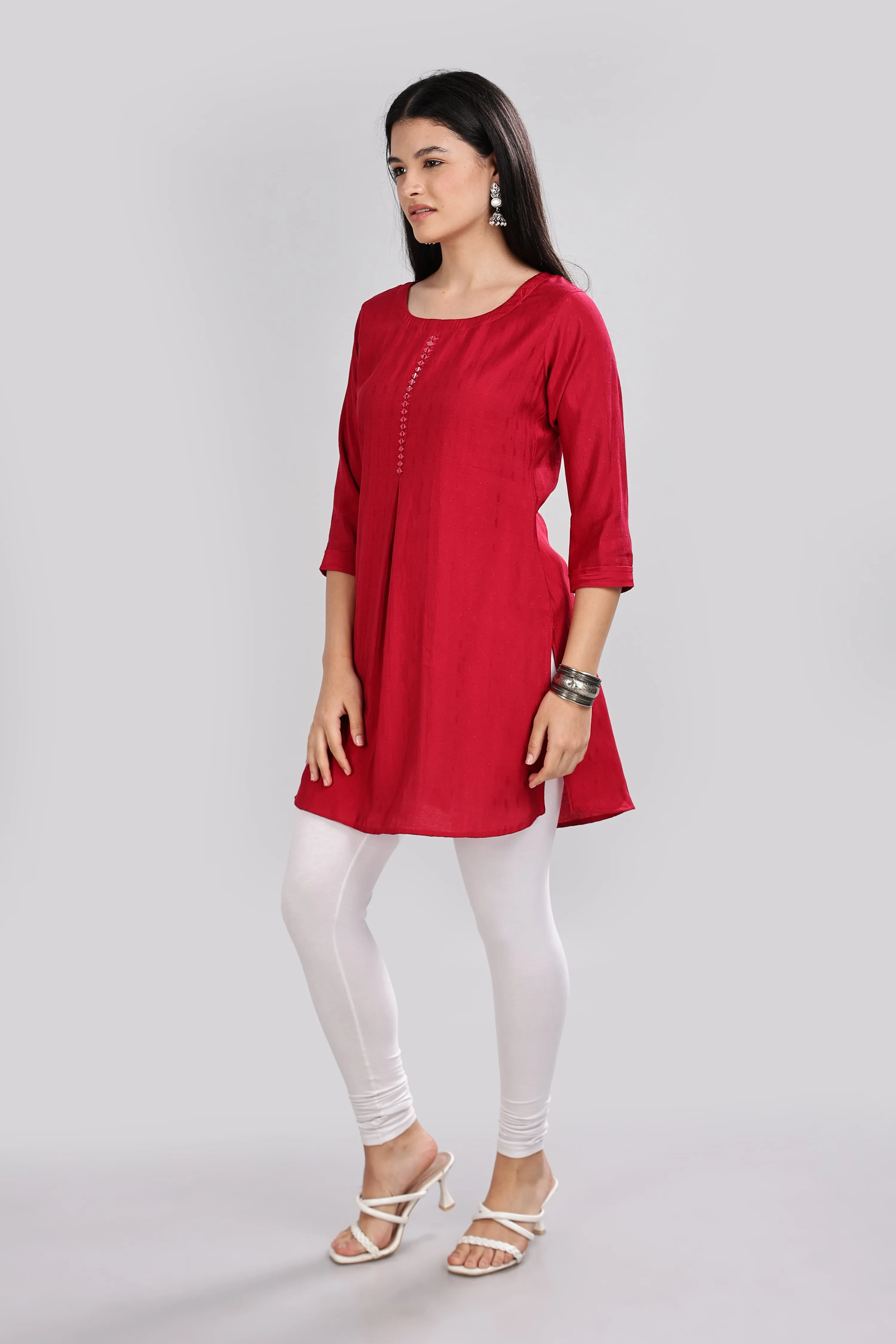 Mythri Round Neck Embroidered Top With 3/4th Sleeve  - Maroon - TO18