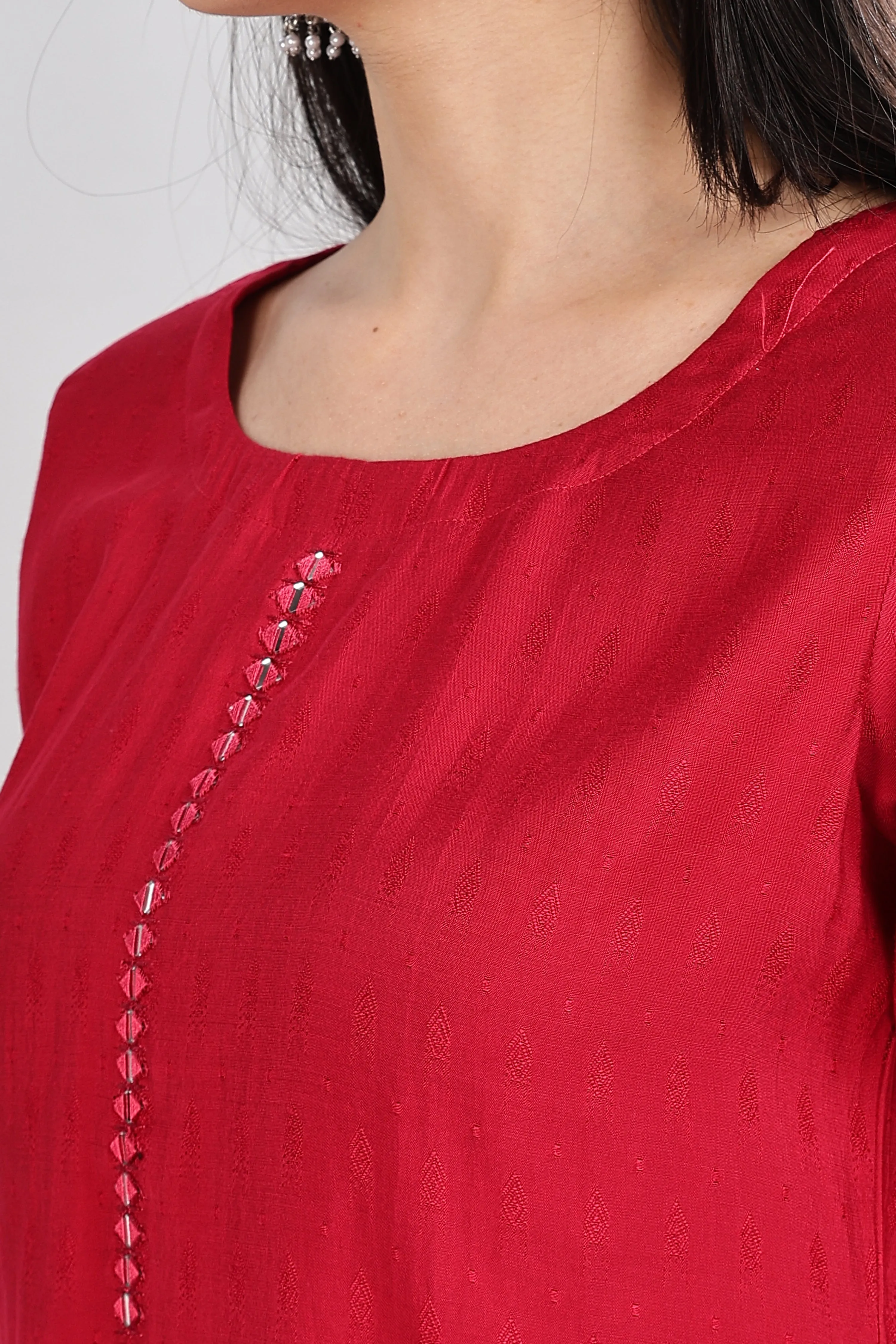 Mythri Round Neck Embroidered Top With 3/4th Sleeve  - Maroon - TO18