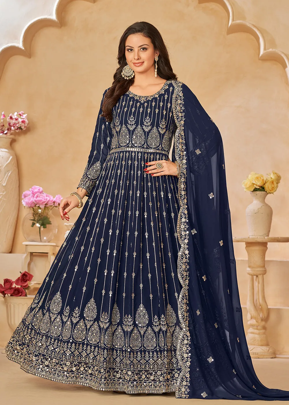 Navy Blue Resham Zari Embroidered Festive Anarkali Suit