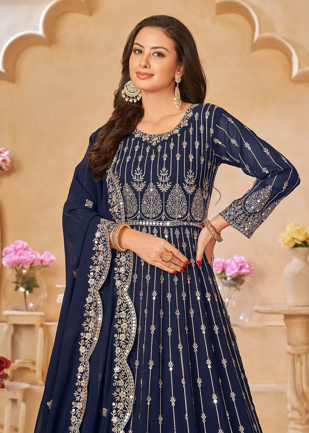 Navy Blue Resham Zari Embroidered Festive Anarkali Suit