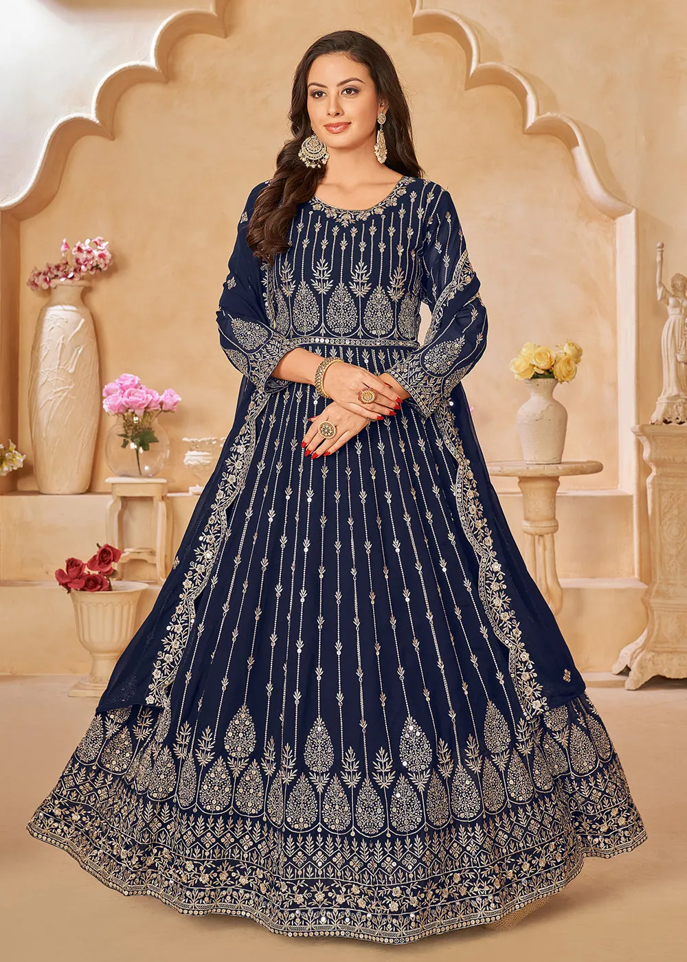 Navy Blue Resham Zari Embroidered Festive Anarkali Suit