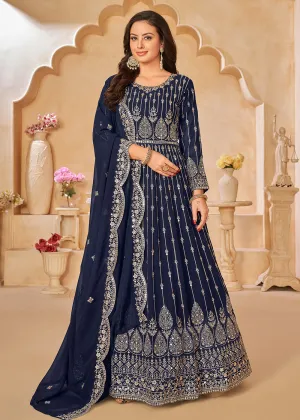 Navy Blue Resham Zari Embroidered Festive Anarkali Suit