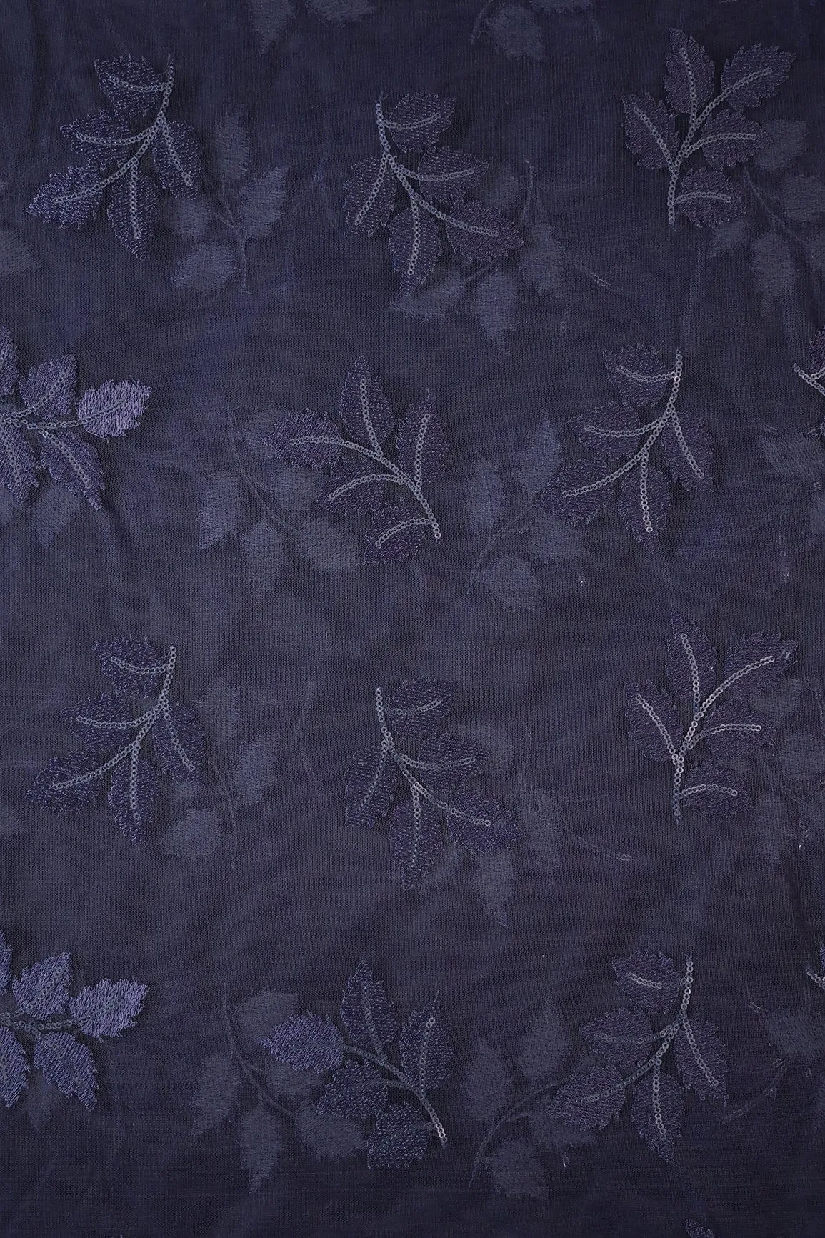 Navy Blue Thread With Sequins Leafy Embroidery Work On Navy Blue Soft Net Fabric