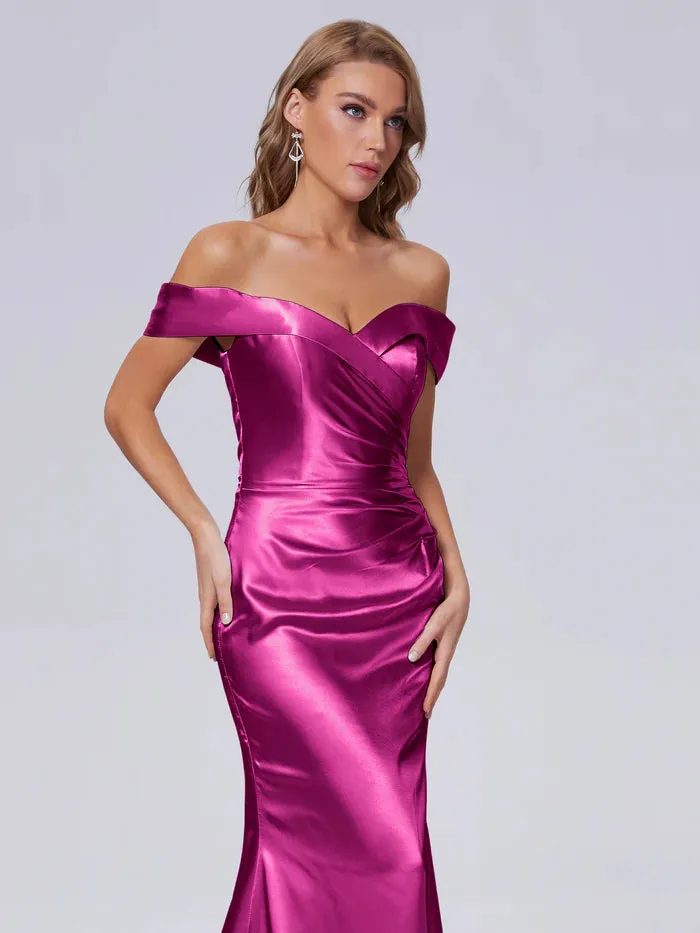 Off the Shoulder Hourglass Soft Satin Bridesmaid Dresses Sweep/Brush Train Dresses