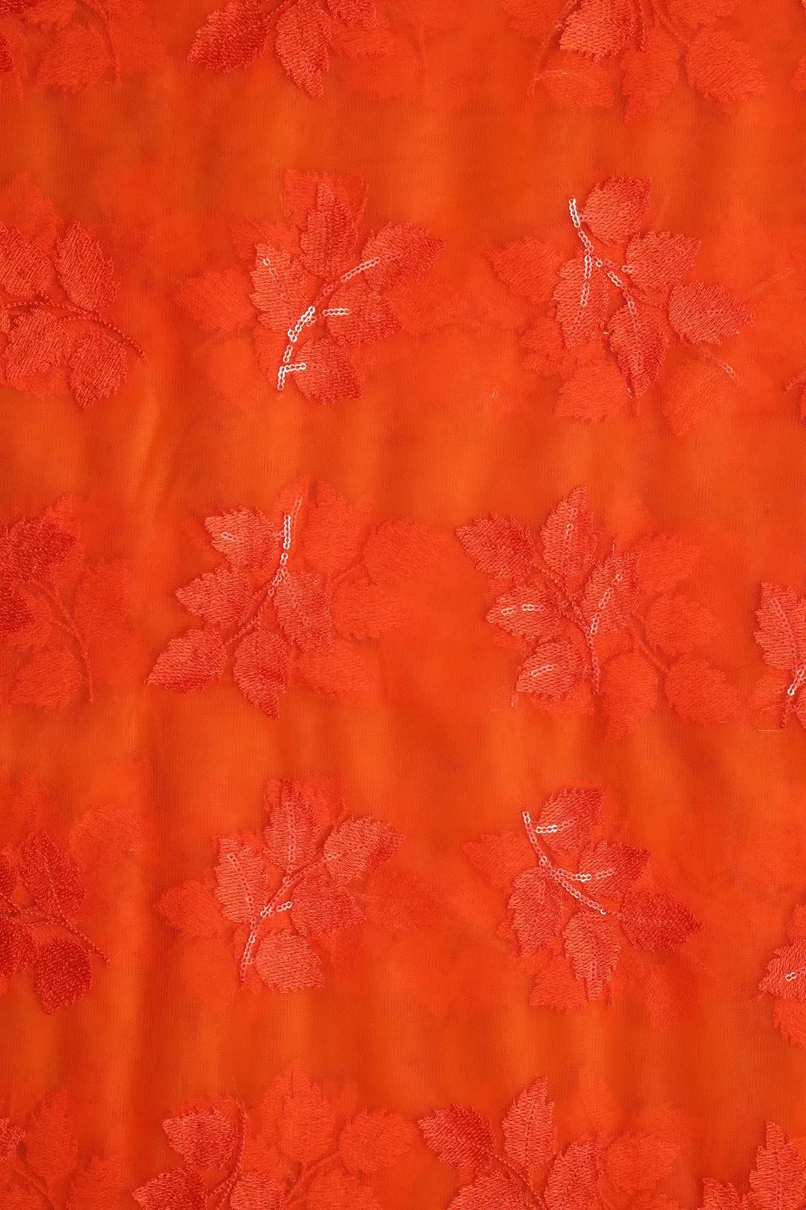 Orange Thread With Sequins Leafy Embroidery Work On Orange Soft Net Fabric