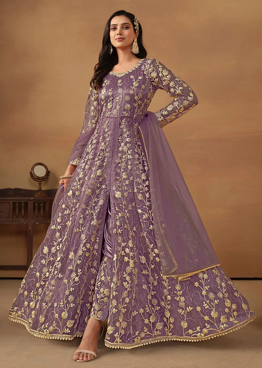 Pant Style Purple Embroidered Net Wedding Anarkali Suit