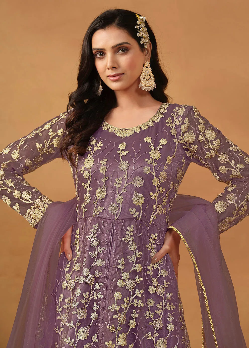 Pant Style Purple Embroidered Net Wedding Anarkali Suit