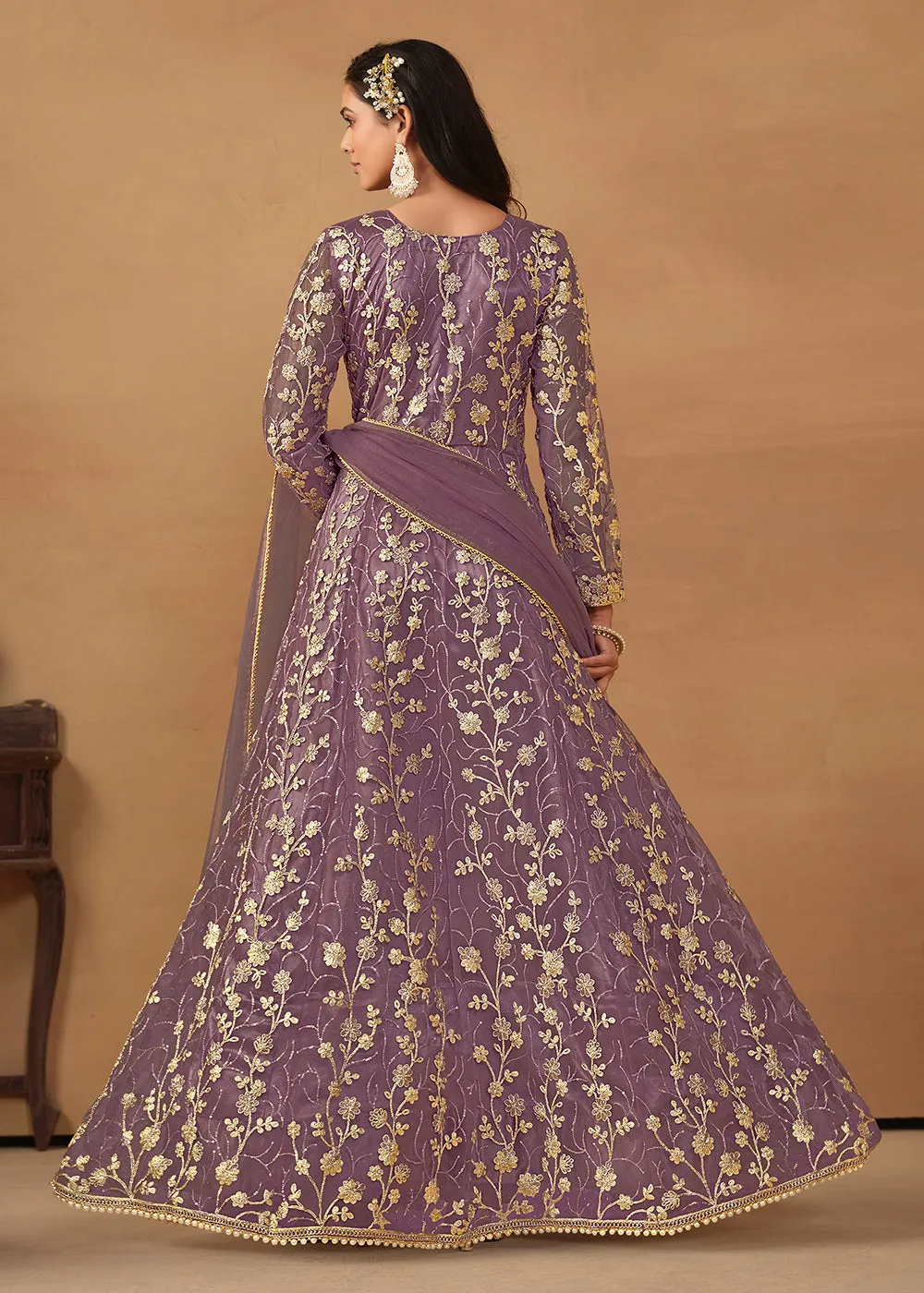 Pant Style Purple Embroidered Net Wedding Anarkali Suit