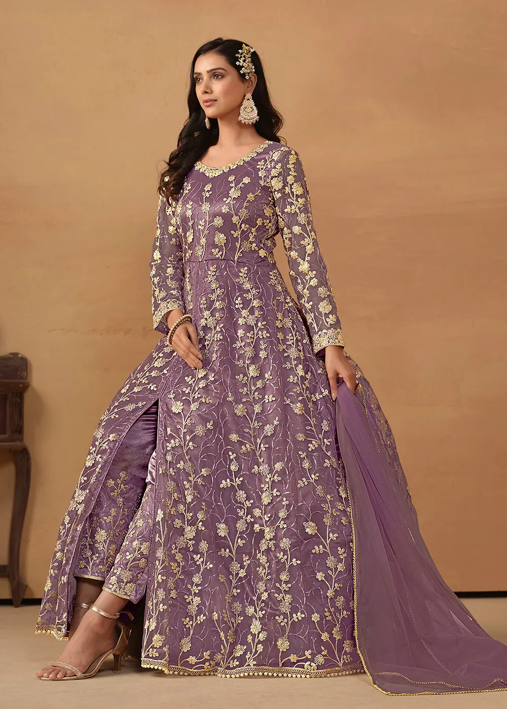 Pant Style Purple Embroidered Net Wedding Anarkali Suit