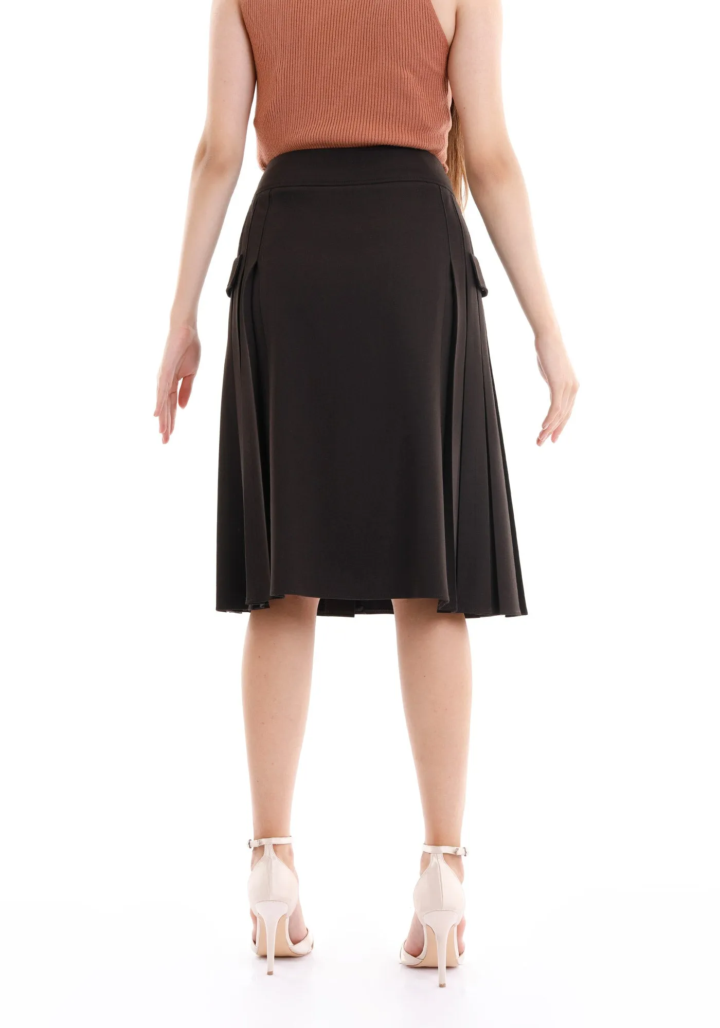 Pleated Button-Front Brown Midi Skirt